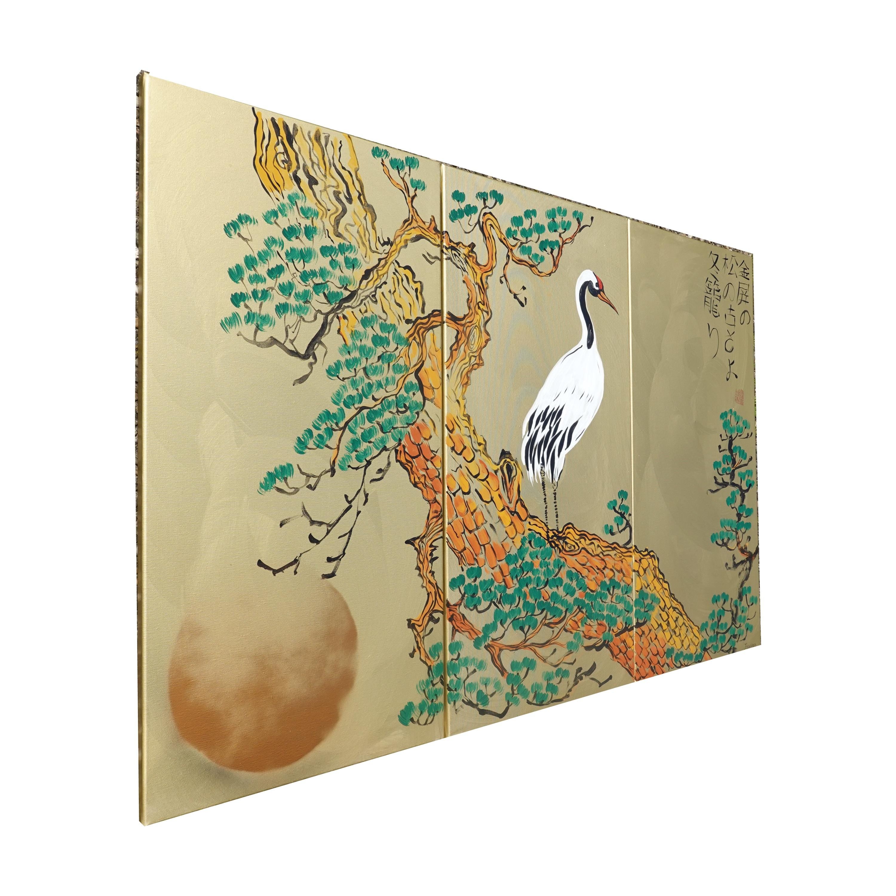 Crane J380 Japanese gold Triptych - Original Acrylic Painting by Ksavera