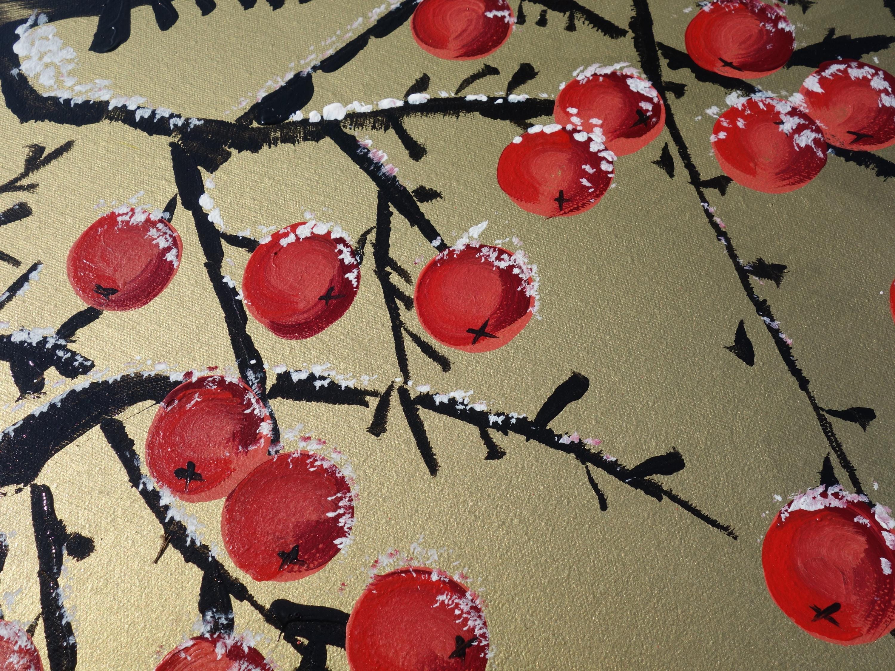 Japanese birds and apple tree J395 - gold extra large original acrylic painting on unstretched canvas by Ksavera