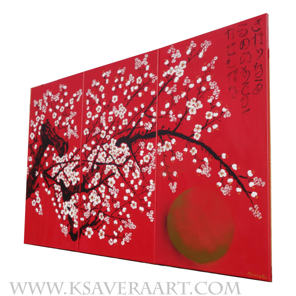 Sakura J396 is a large-scale Japanese-inspired red triptych by Ksavera