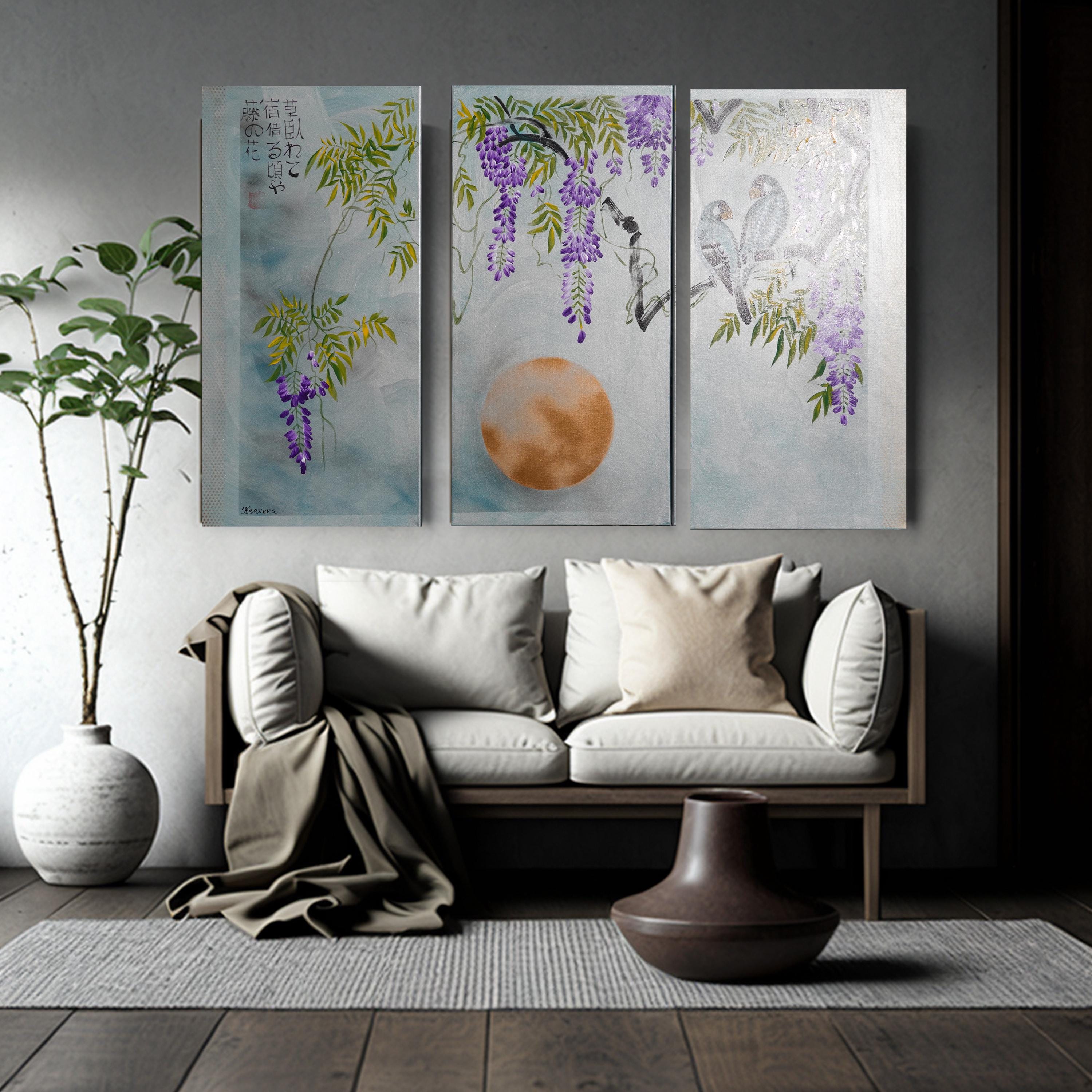 Wisteria J287 large Japanese silver triptych - original paintings by Ksavera