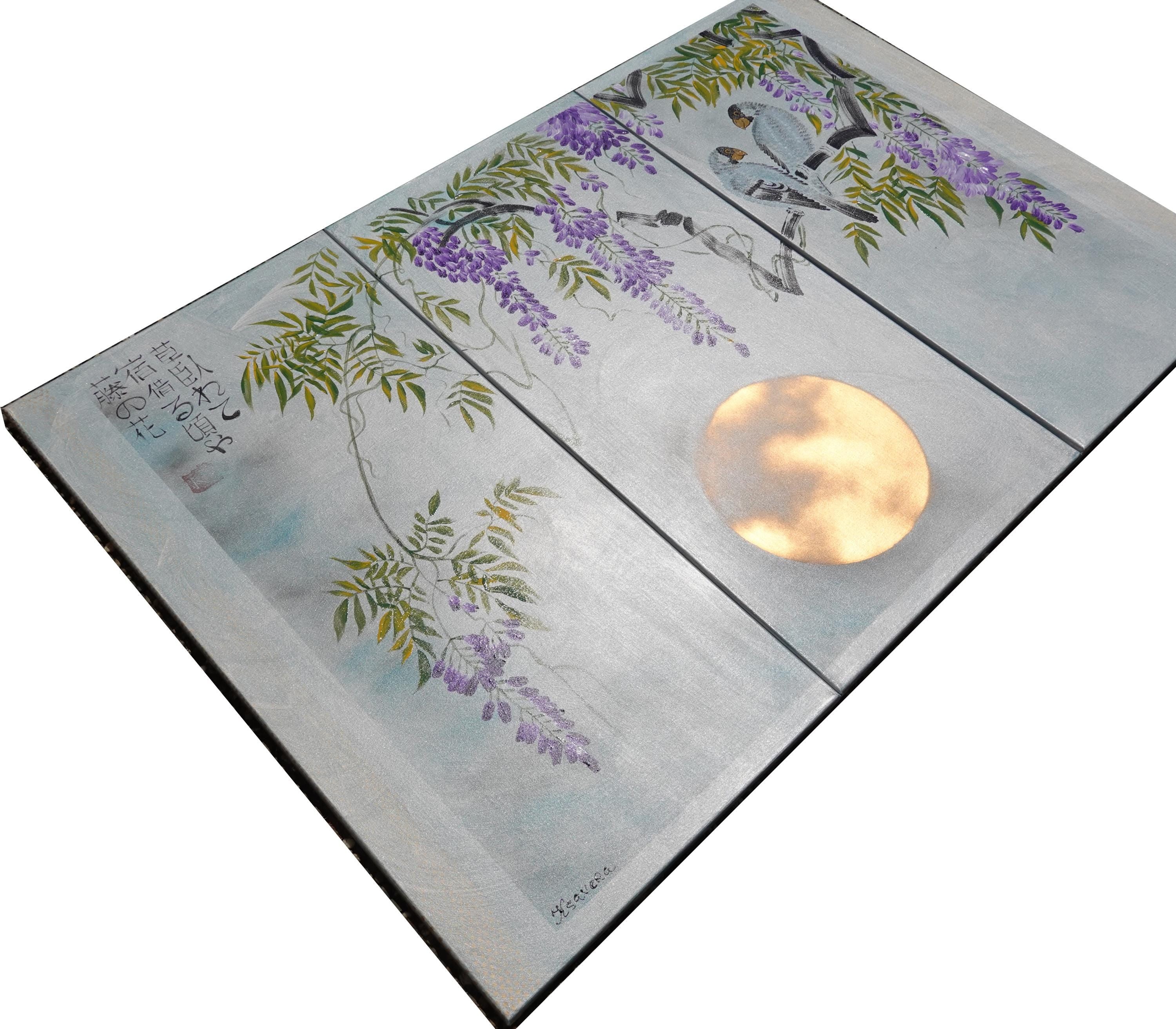 Wisteria J287 large Japanese silver triptych - original paintings by Ksavera