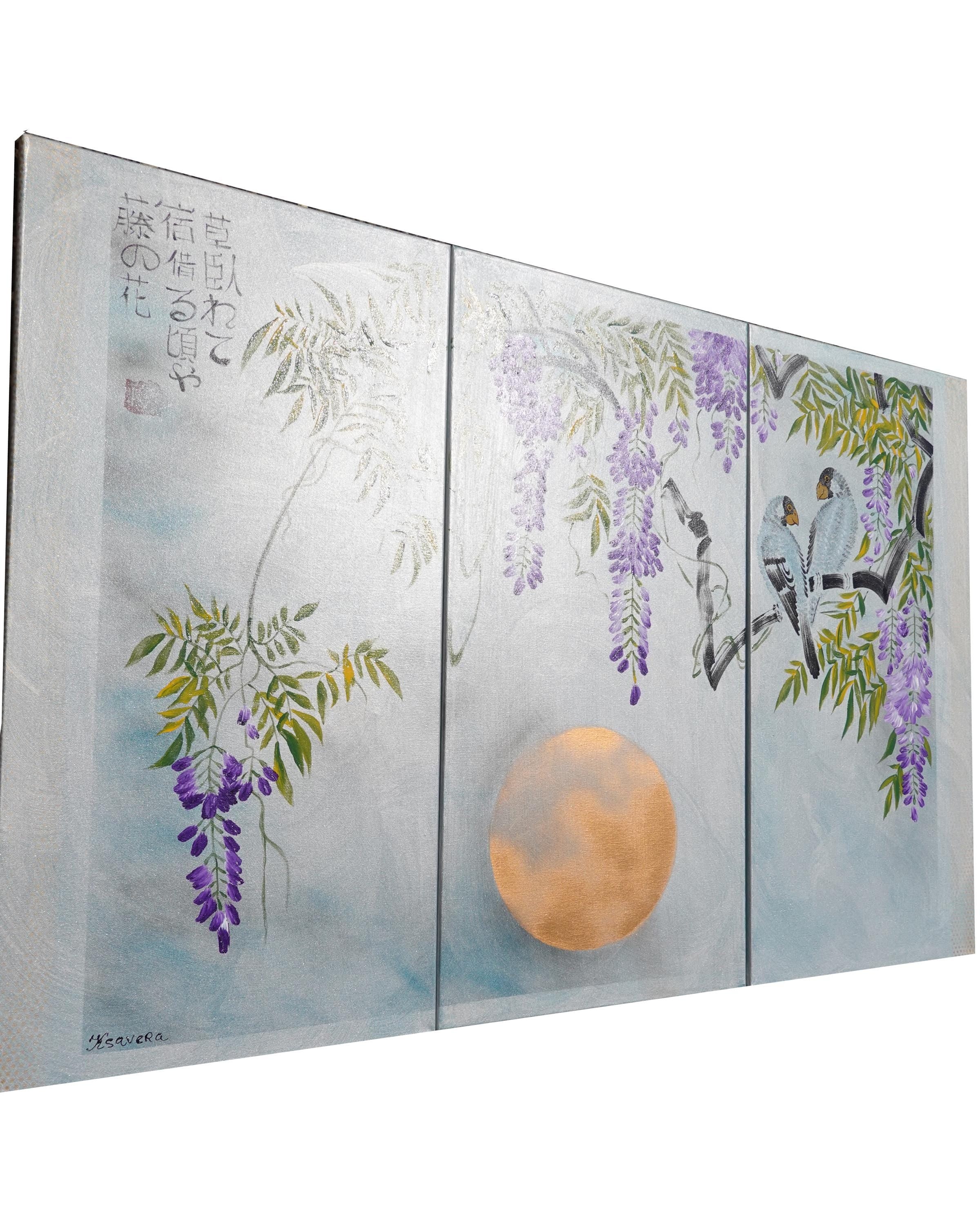 Wisteria J287 large Japanese silver triptych - original paintings by Ksavera