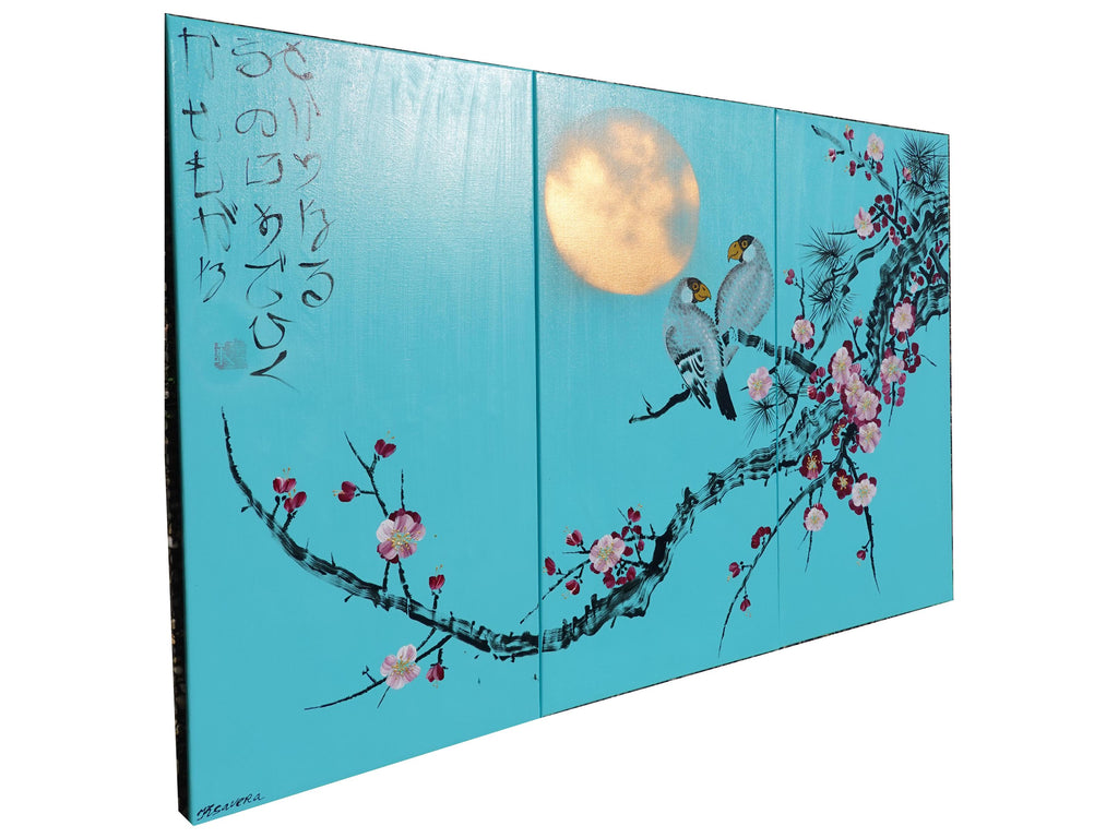 Sakura et oiseaux amoureux J290 est un grand triptyque japonais turquoise - Peinture acrylique originale sur toile tendue de l'artiste Ksavera.