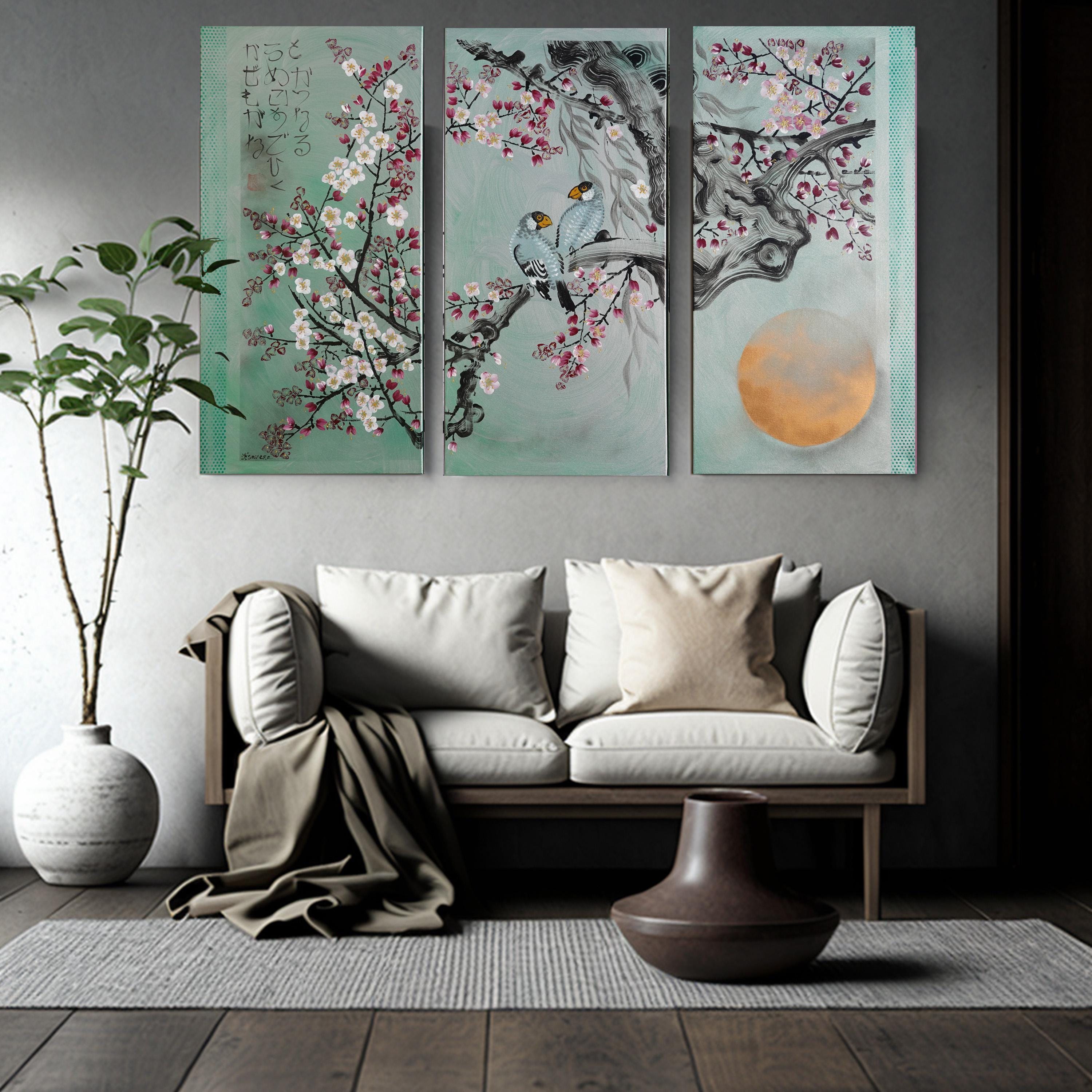 Love Birds J289 large Japanese silver green triptych - original painting by Ksavera