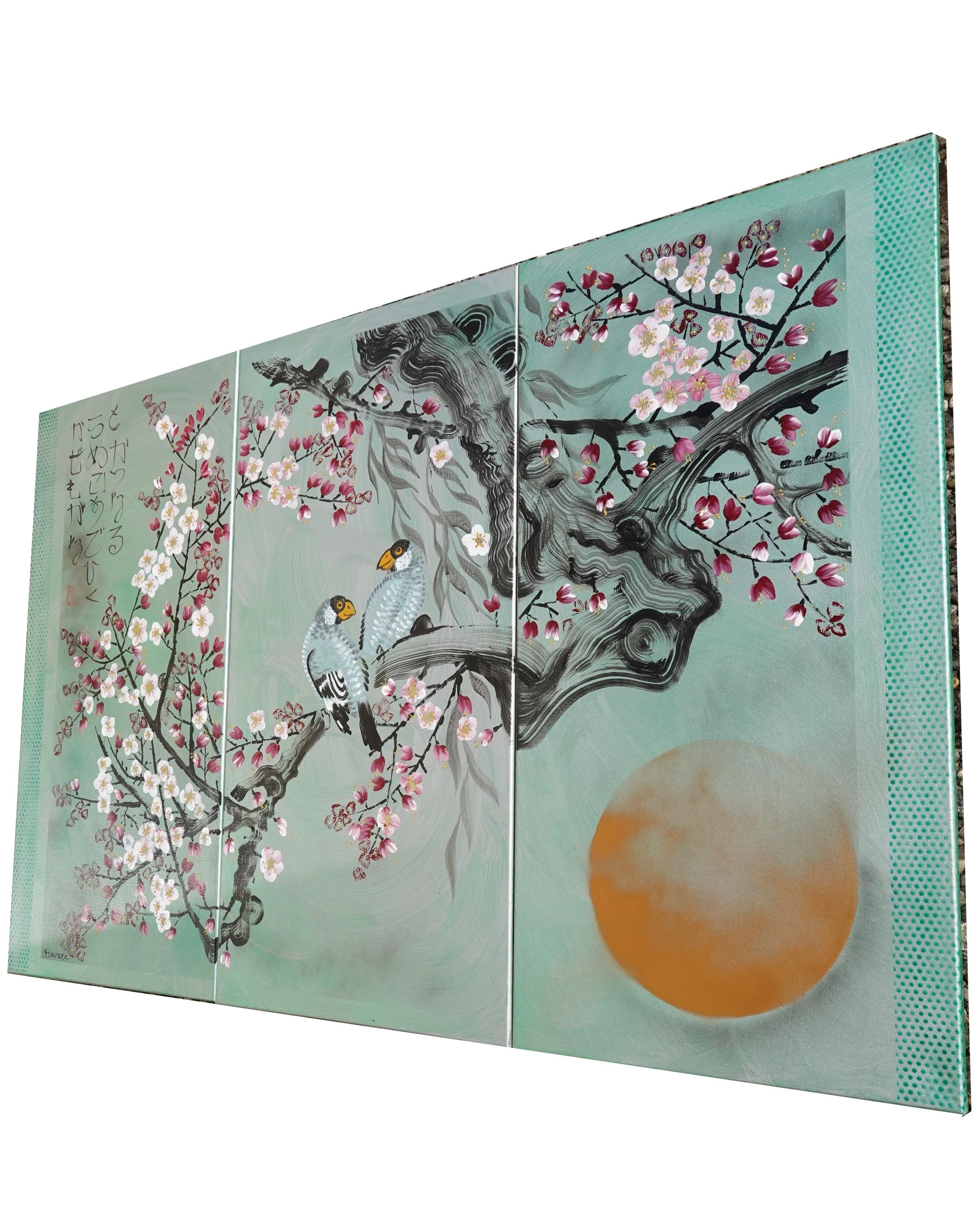 Love Birds J289 large Japanese silver green triptych - original painting by Ksavera
