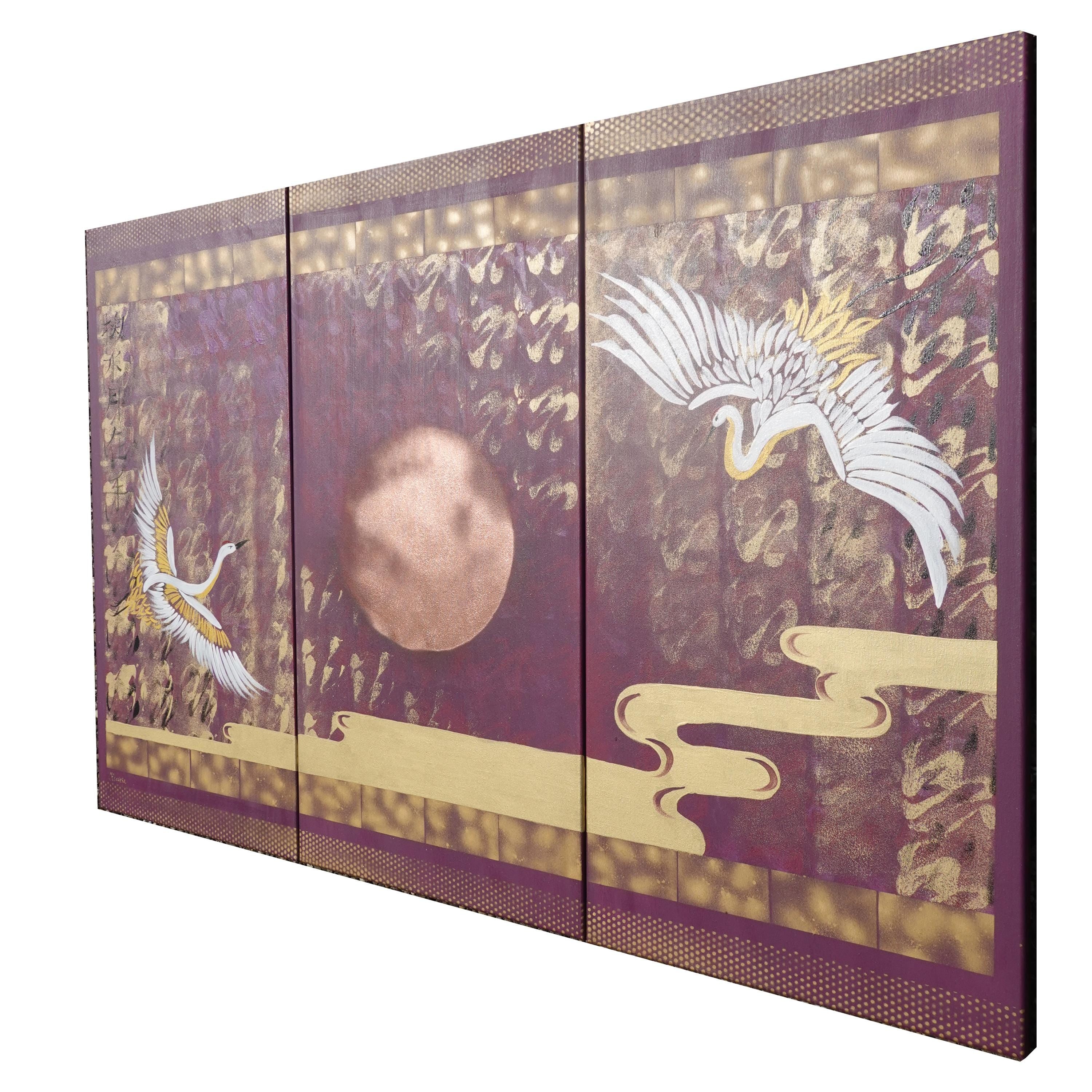 Crane J386 large Japanese purple gold triptych - original paintings by Ksavera