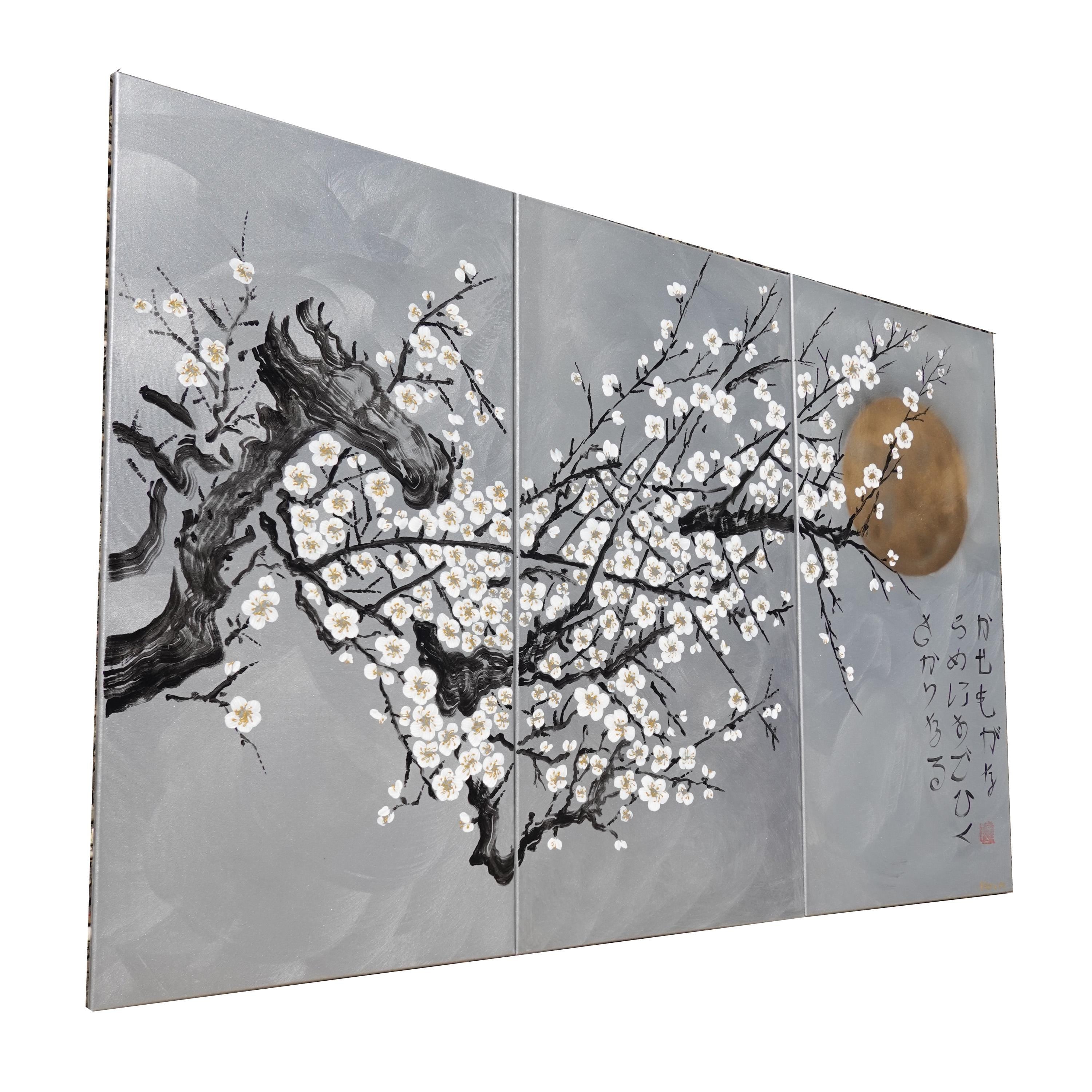 Japanese sakura J214 - large silver triptych - original paintings by Ksavera