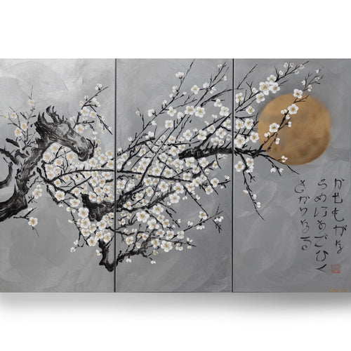 Japanese sakura J214 - large silver triptych - original paintings by Ksavera
