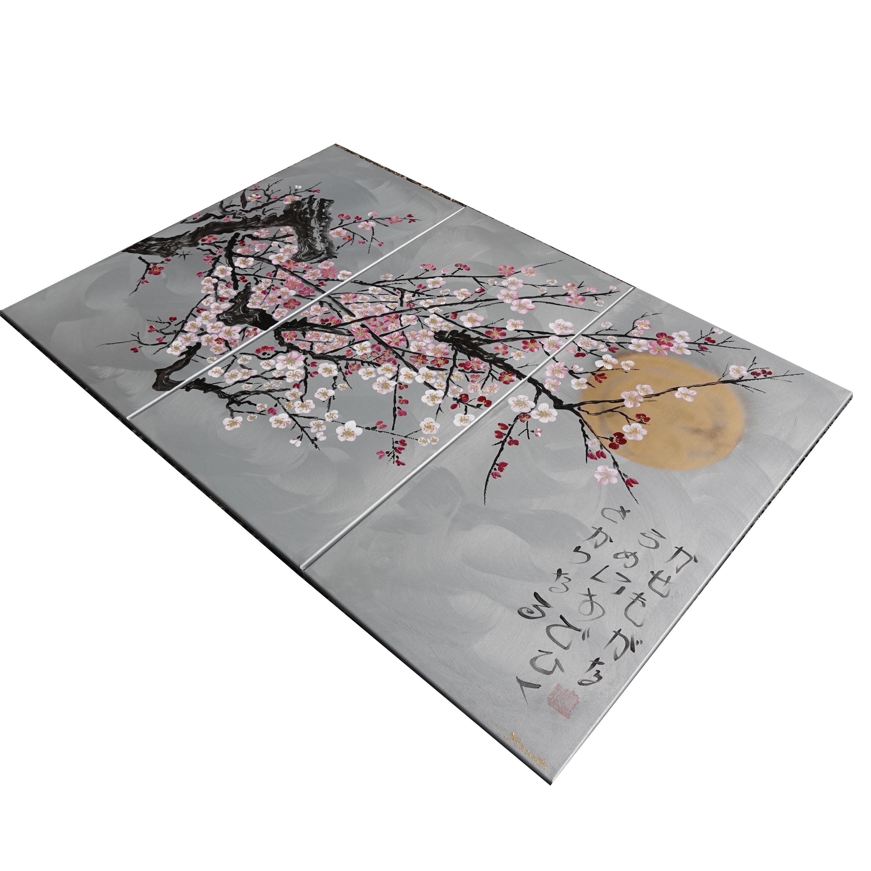 Japanese sakura J216 - large silver triptych - original paintings by Ksavera