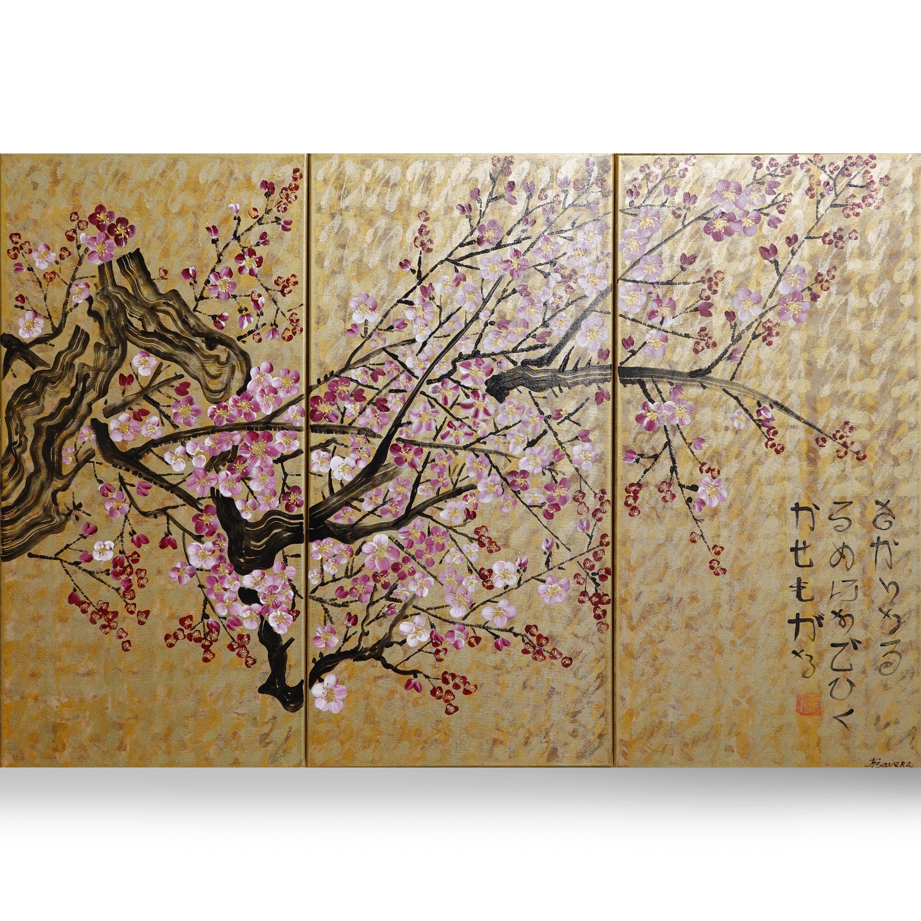 Japanese sakura J236 large gold triptych original paintings by