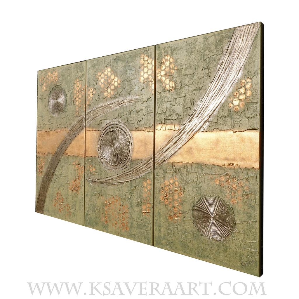 Gold Paintings “Abstract A1220” — Large textured Triptych by Ksavera