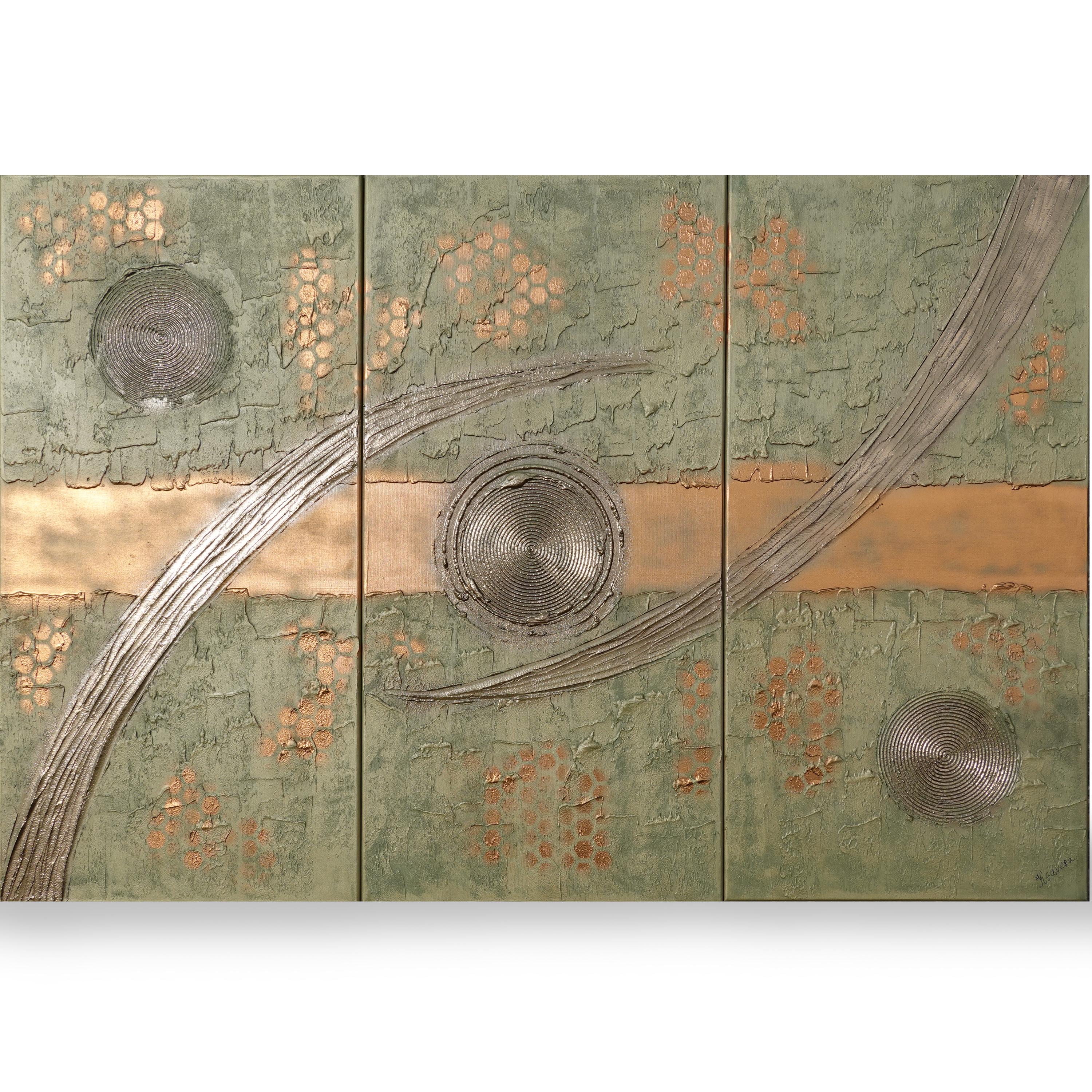 Peintures dorées « Abstrait A1220 » — Grand triptyque texturé de Ksavera