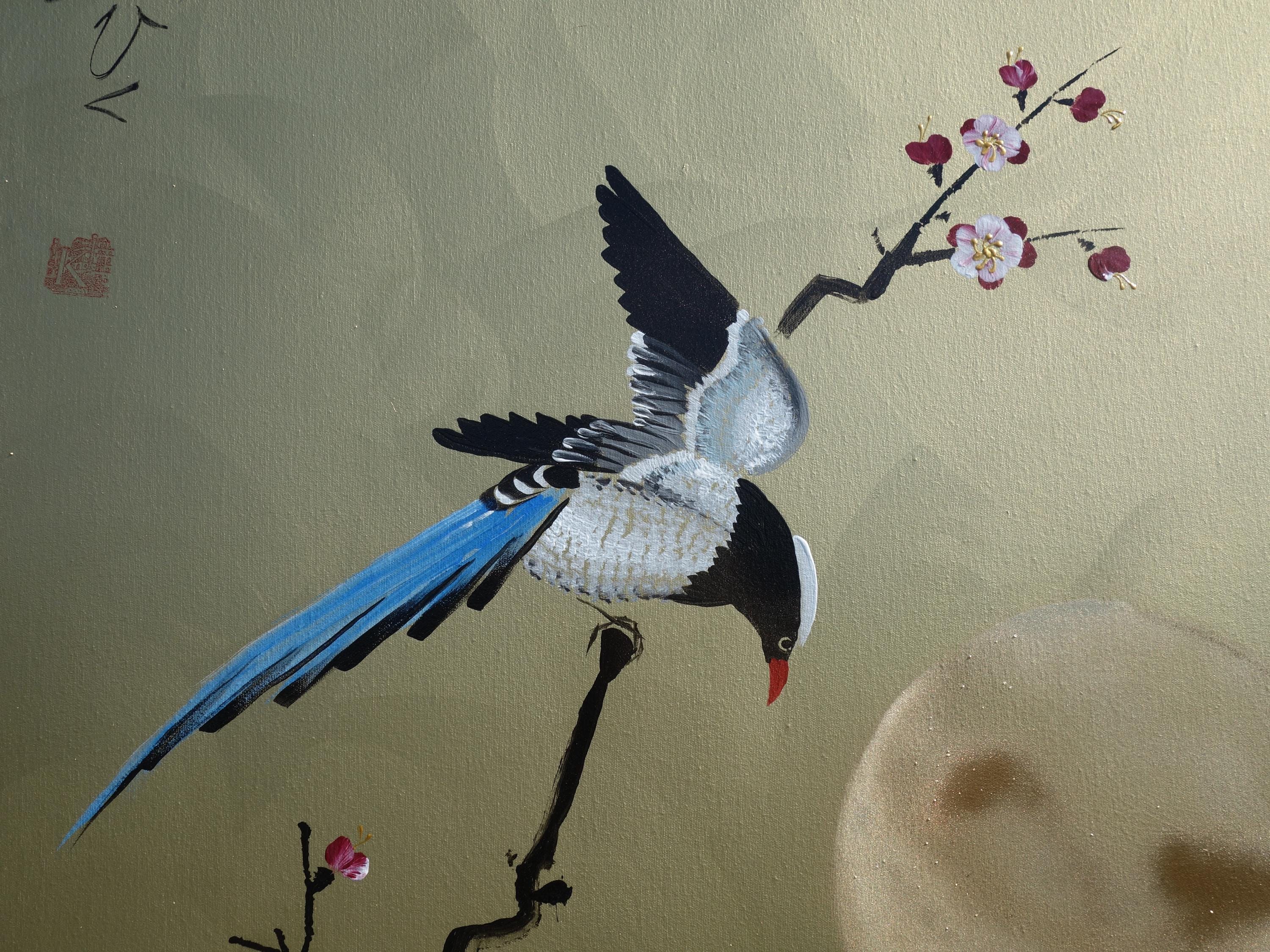 Japanese birds J393 - gold extra large original acrylic painting on canvas by Ksavera