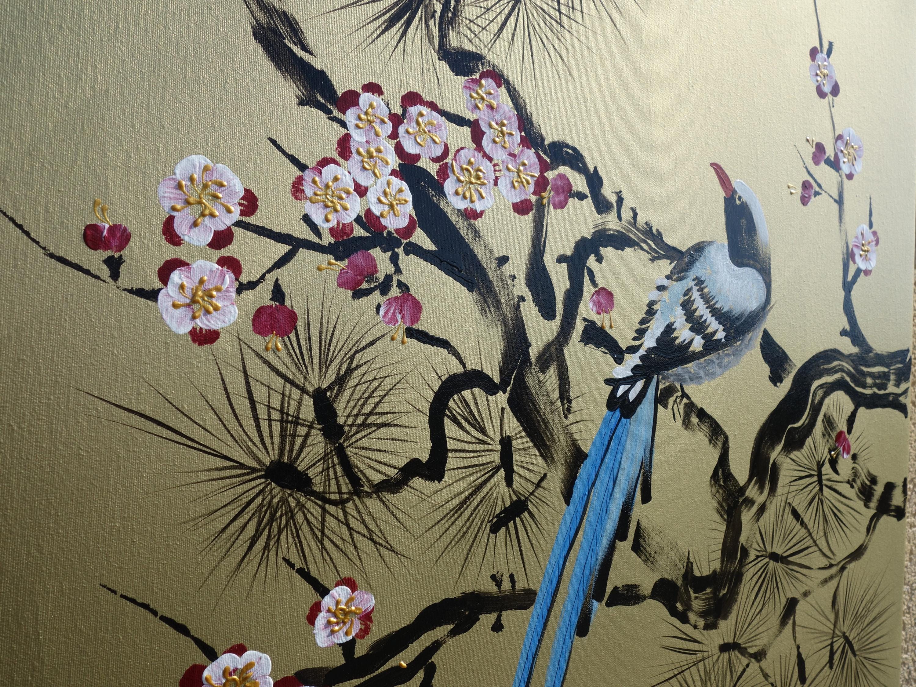 Japanese birds J393 - gold extra large original acrylic painting on canvas by Ksavera