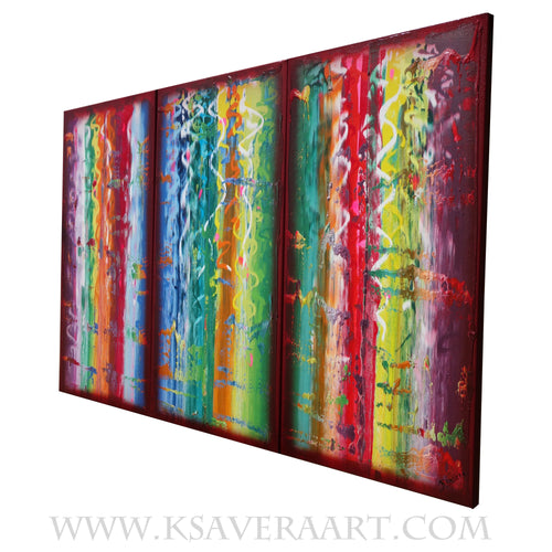 Colorful Red Paintings “Abstract A1227” — Large palette knife Triptych by Ksavera