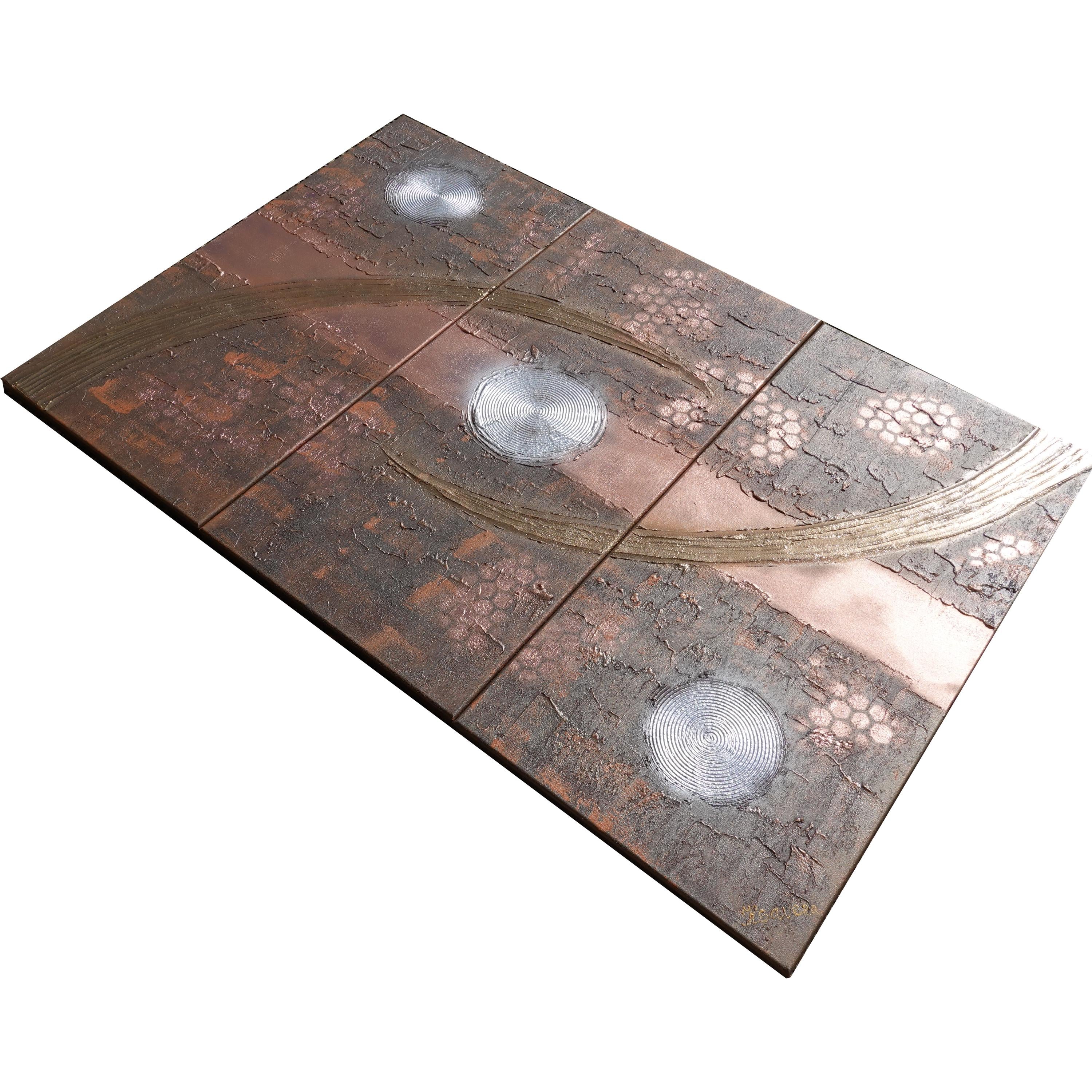 Peintures aux reflets rouillés du cuivre « Abstrait A1232 » — Grand triptyque texturé de Ksavera