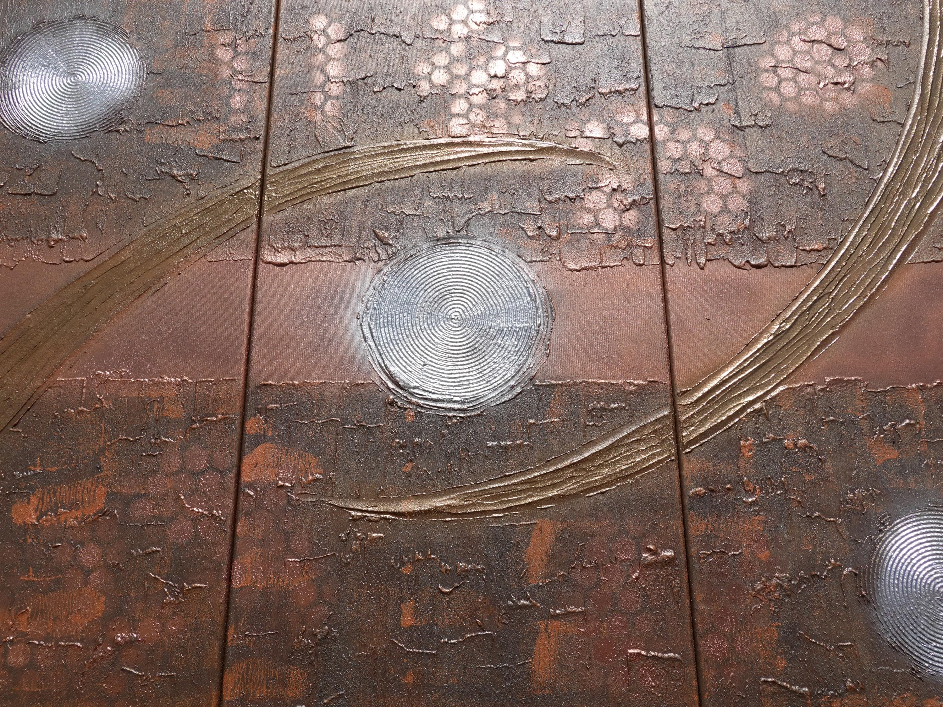 Peintures aux reflets rouillés du cuivre « Abstrait A1232 » — Grand triptyque texturé de Ksavera