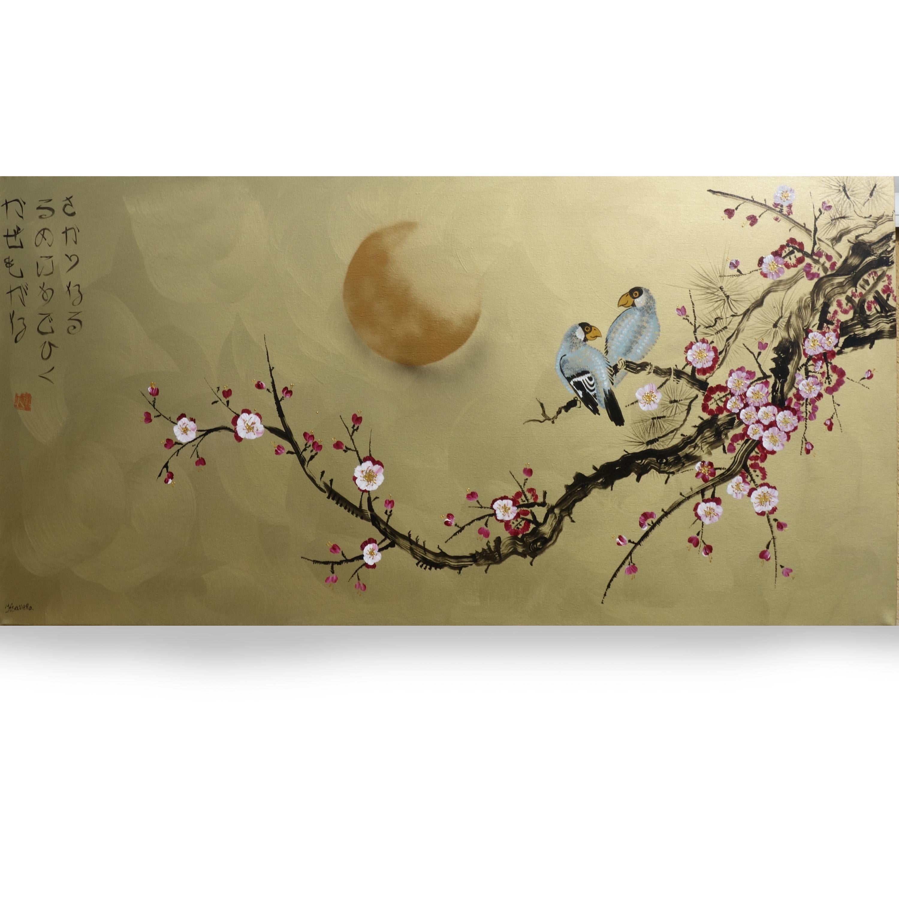 Japanese birds J391 - gold extra large original acrylic painting on canvas by Ksavera