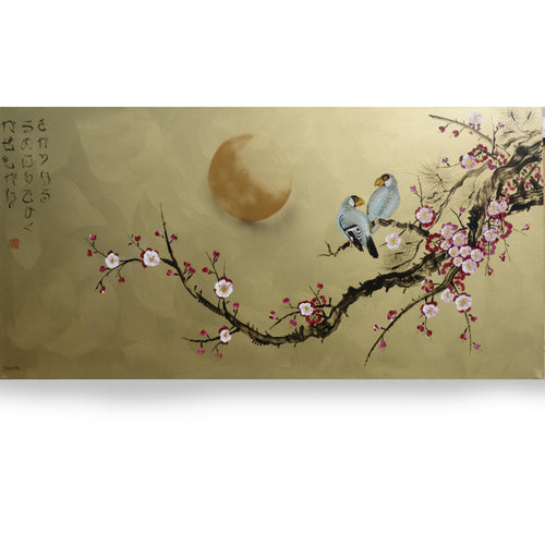 Japanese birds J391 - gold extra large original acrylic painting on canvas by Ksavera