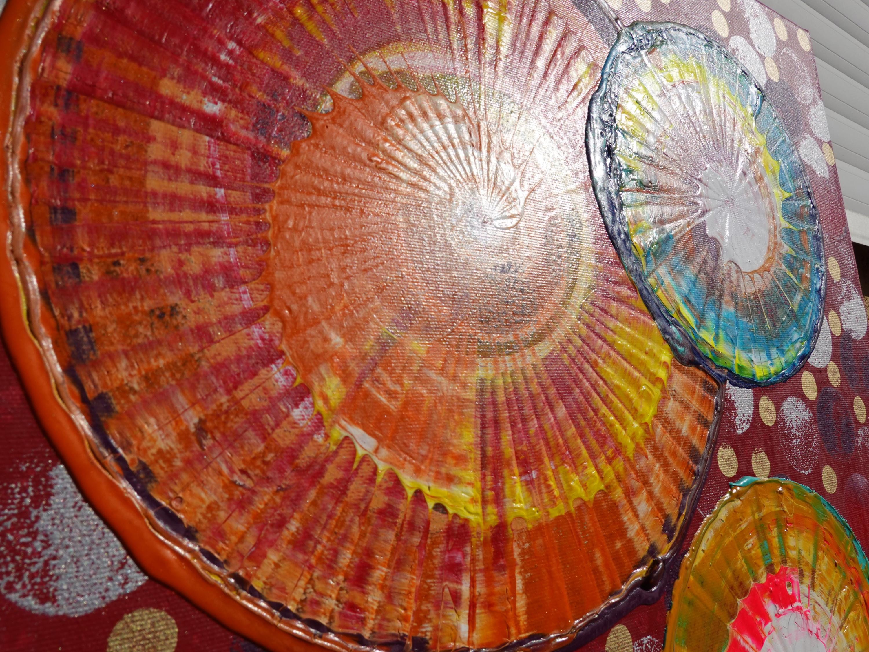 Abstract circles A1238 is a large-scale palette knife red triptych Original Acrylic Painting on stretched canvas by artist Ksavera.