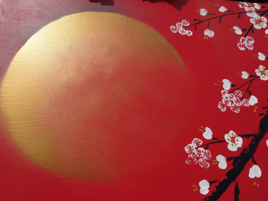 Sakura J396 est un triptyque rouge de grande taille, d'inspiration japonaise, réalisé par Ksavera.