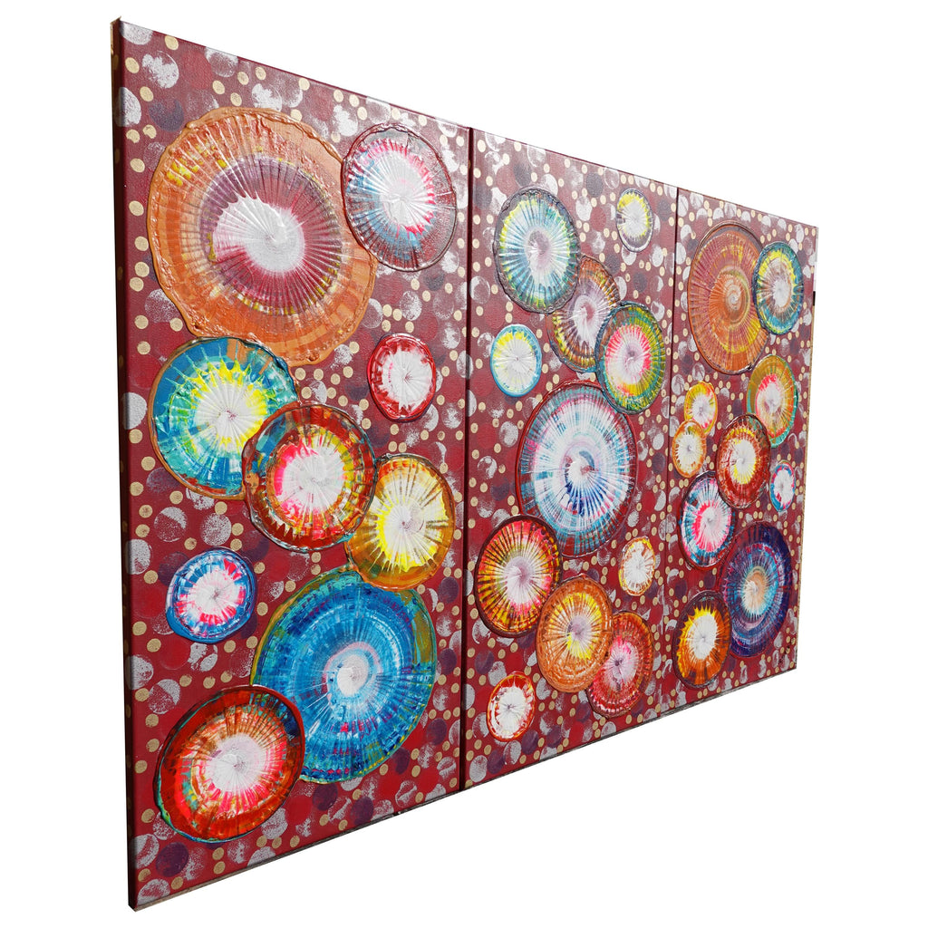 Abstract circles A1238 is a large-scale palette knife red triptych Original Acrylic Painting on stretched canvas by artist Ksavera.