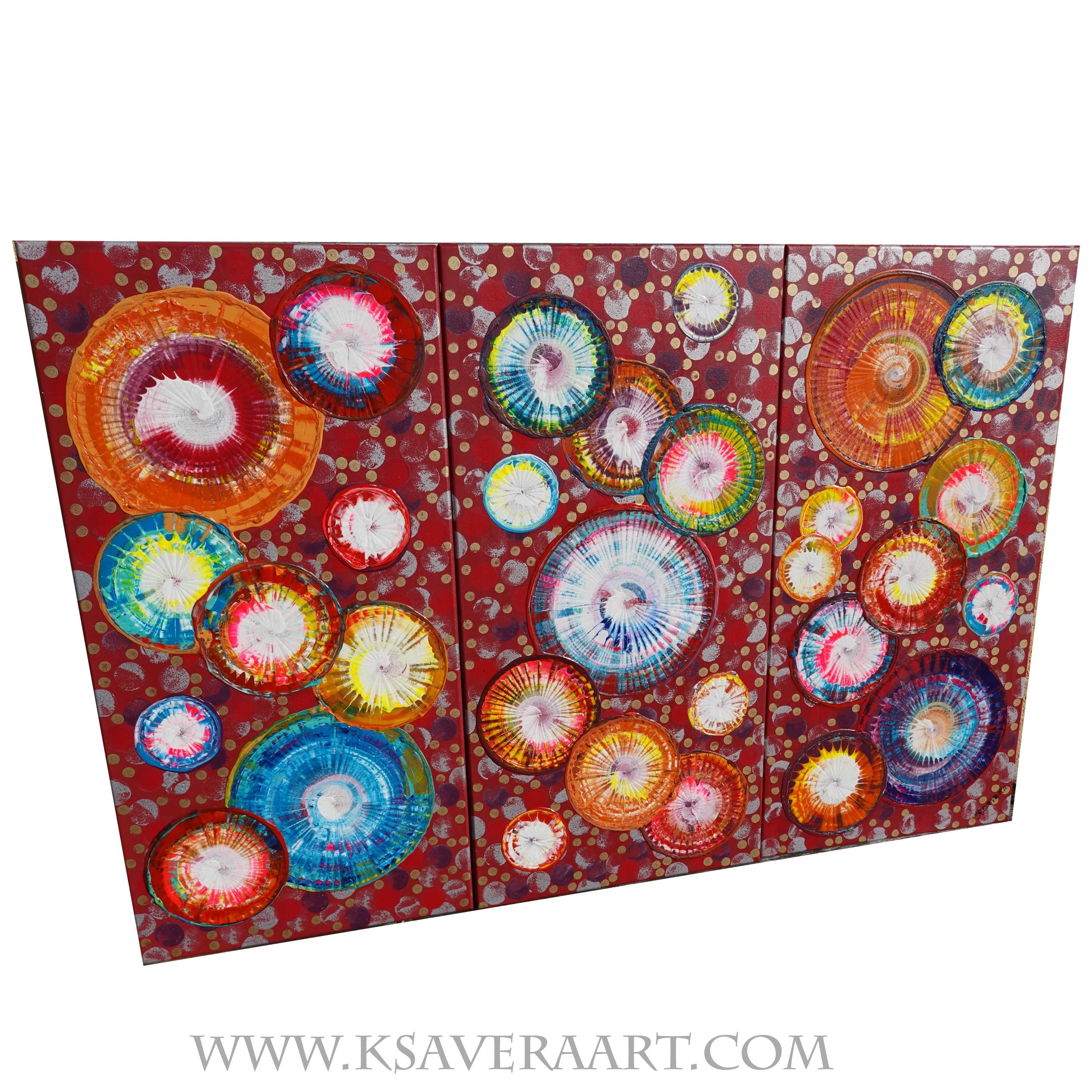 Abstract circles A1238 is a large-scale palette knife red triptych Original Acrylic Painting on stretched canvas by artist Ksavera.
