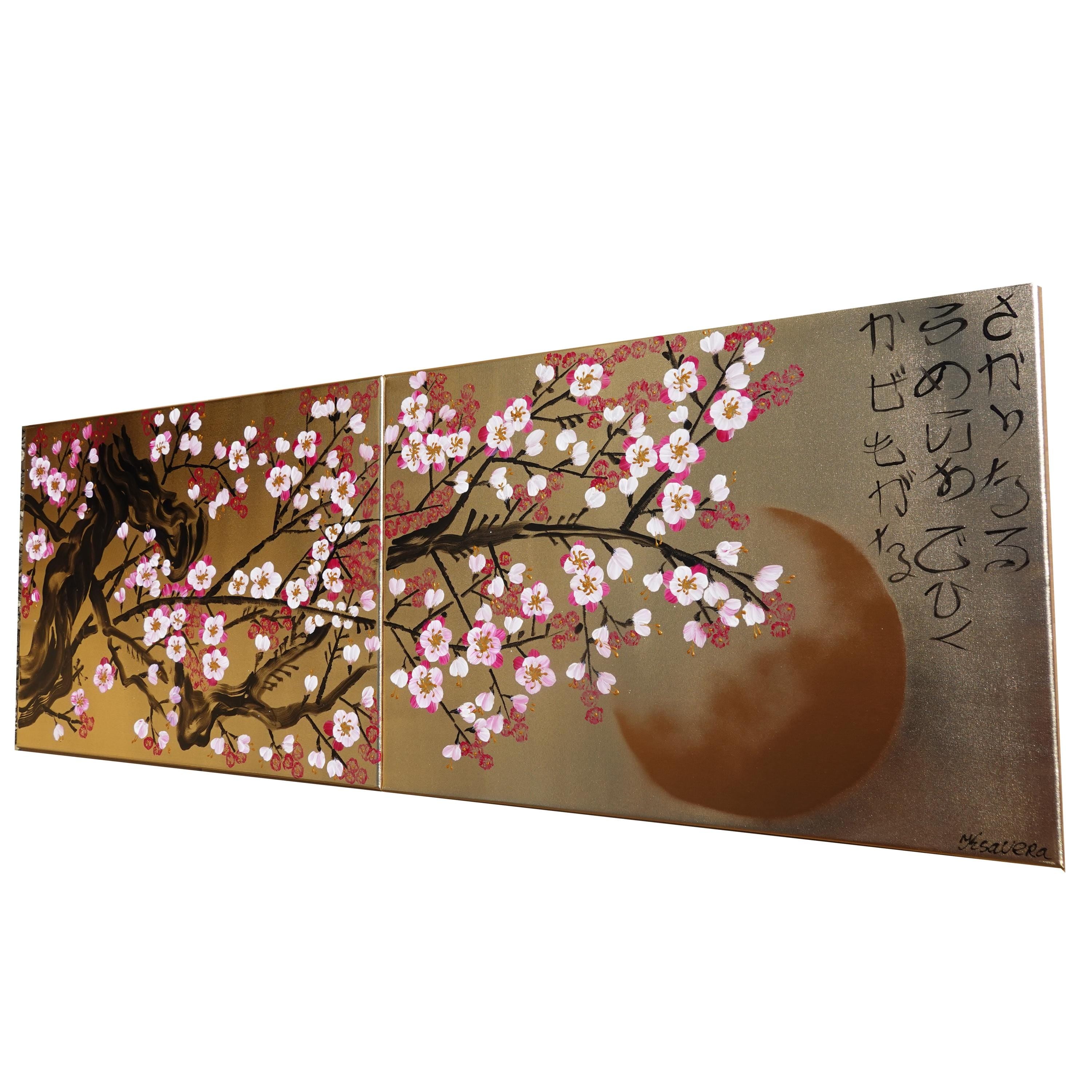Pink Cherry blossoms J367 is a Japanese-inspired diptych.
Original Acrylic Painting on stretched gold canvas by artist Ksavera.
