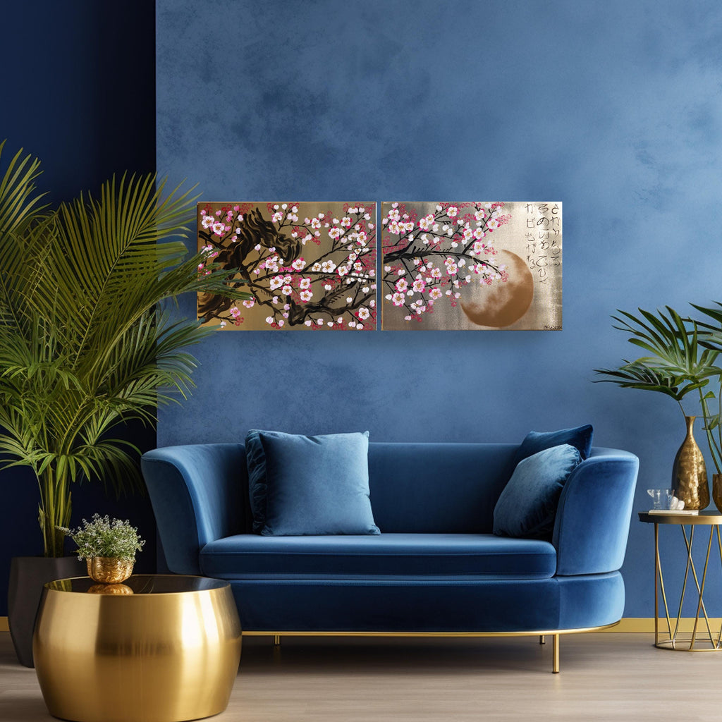 « Fleurs de cerisier roses J367 » est un diptyque japonais. Peinture acrylique originale sur toile dorée tendue, par l'artiste Ksavera.
