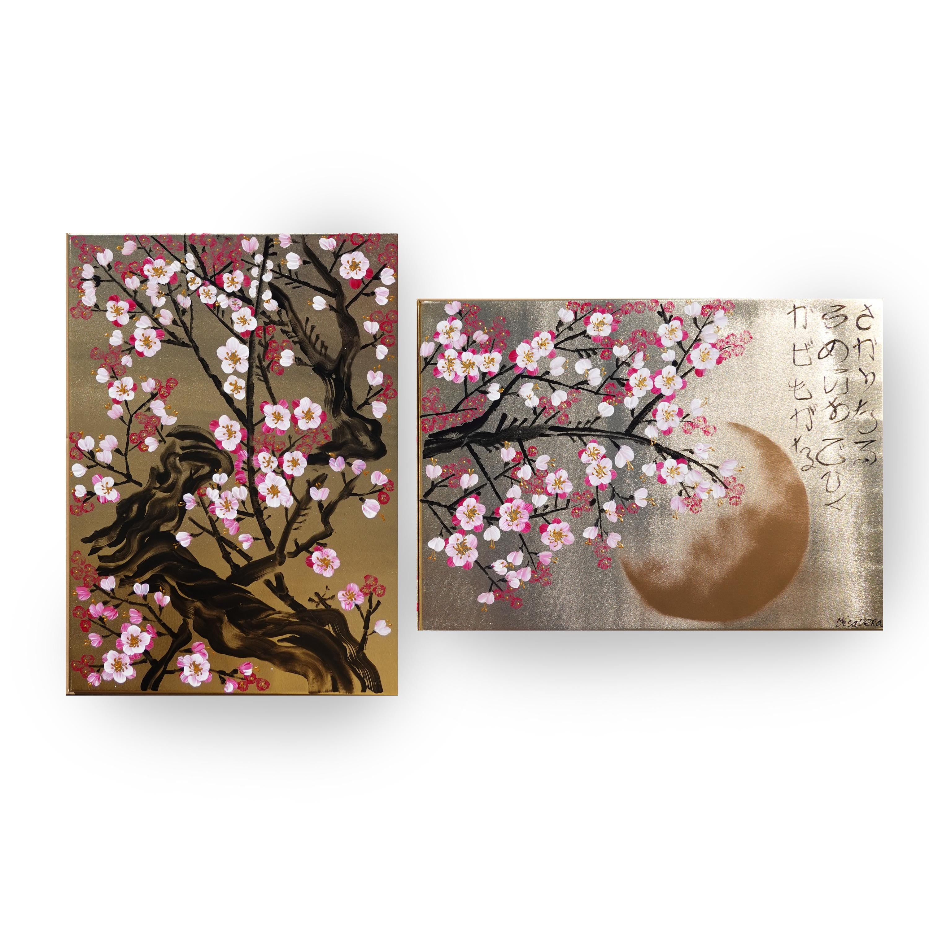 Pink Cherry blossoms J367 is a Japanese-inspired diptych.
Original Acrylic Painting on stretched gold canvas by artist Ksavera.