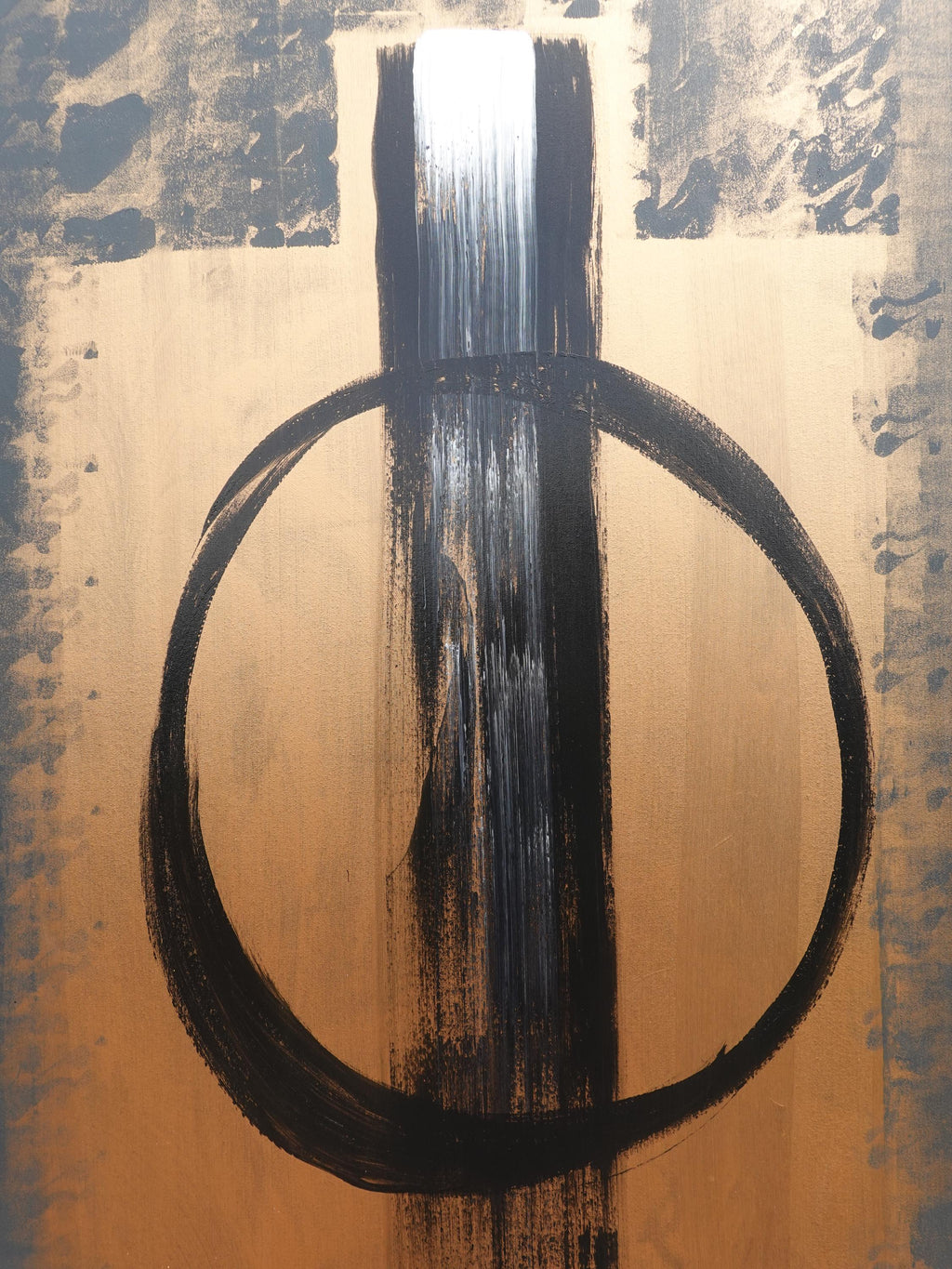 Abstraktes geometrisches Gemälde A1368 – Schwarze und bronzene japanische Originalleinwand von Ksavera