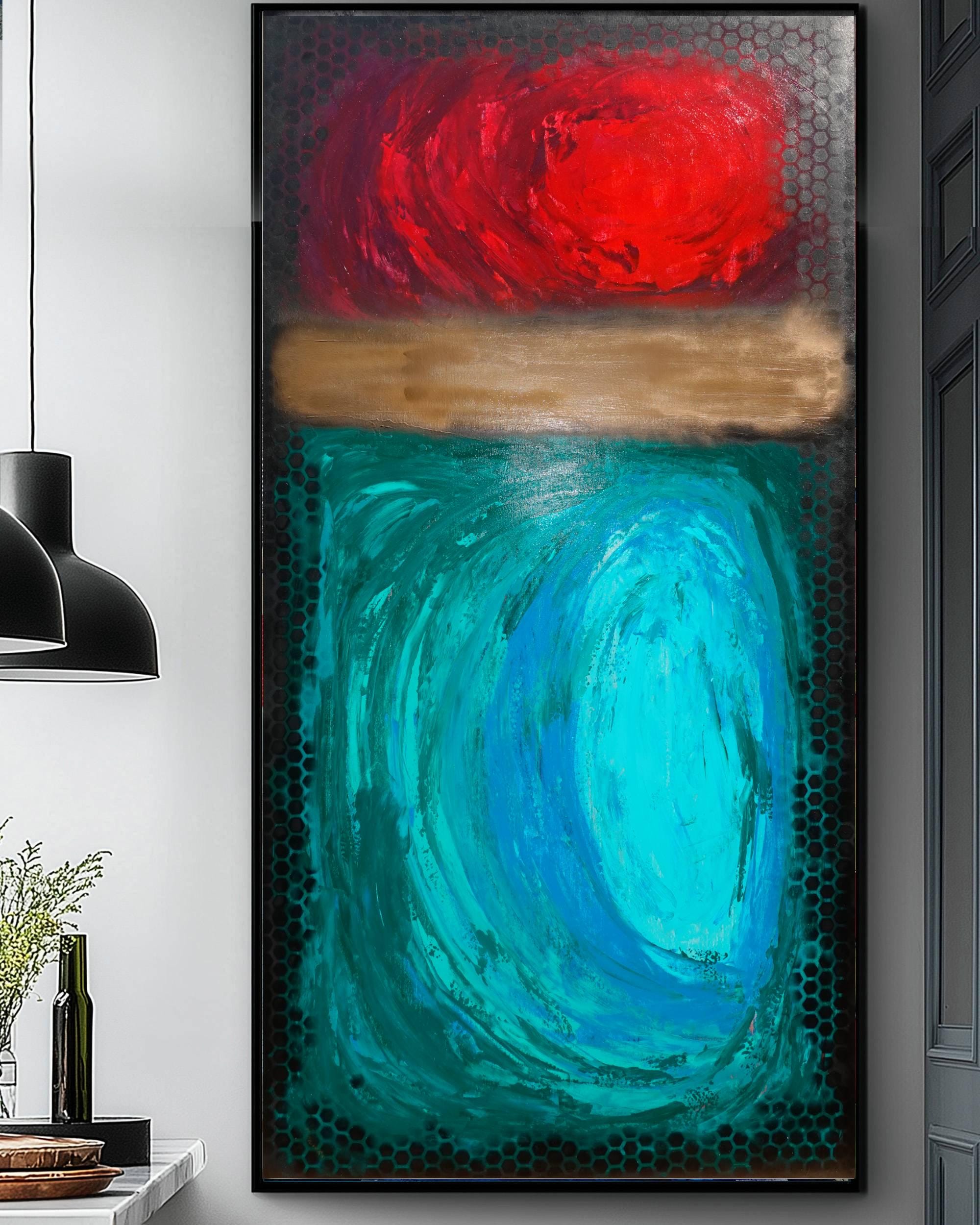 Abstract Minimalist Painting A1365 - Modern original red gold emerald Wall Art by Ksavera