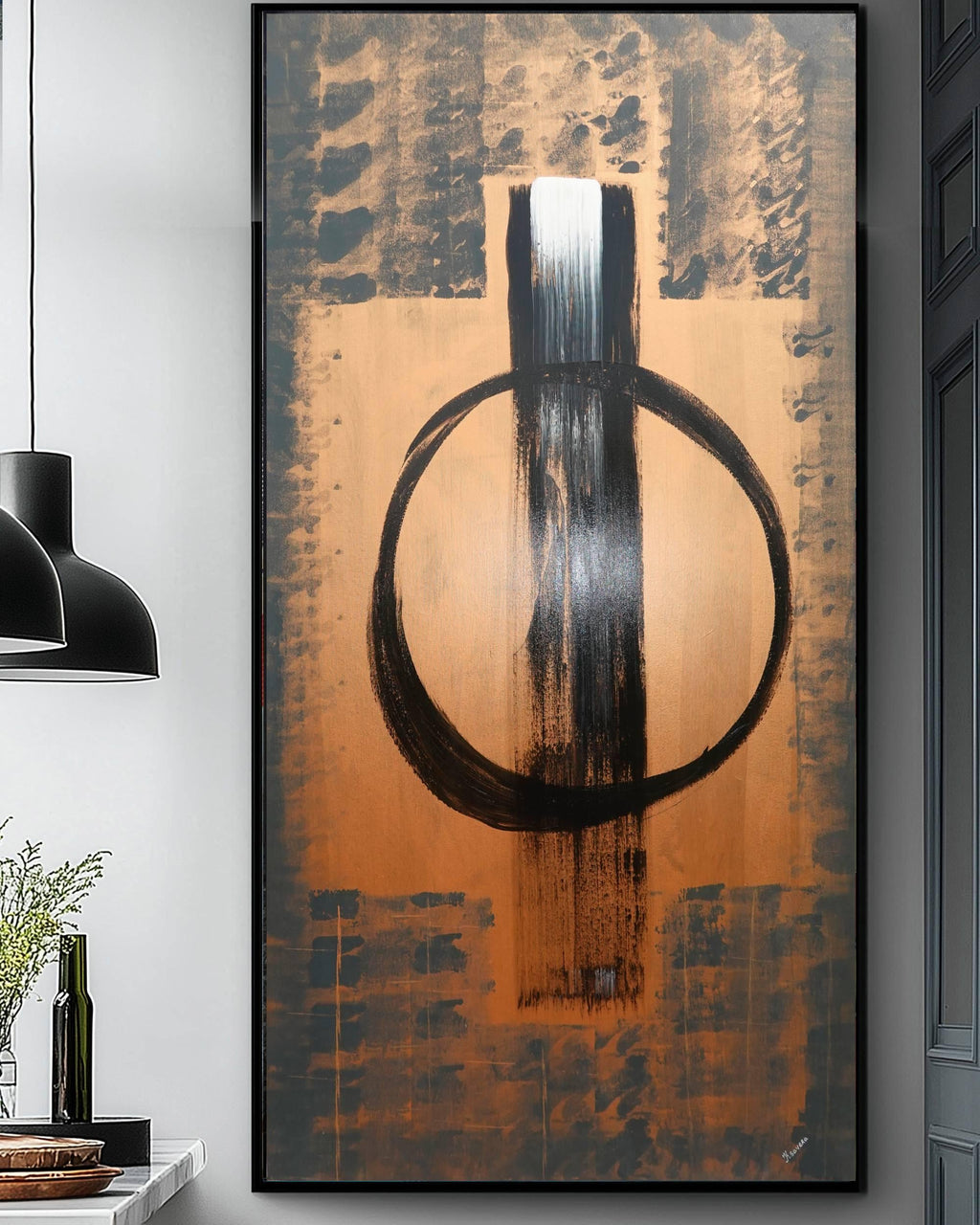 Abstraktes geometrisches Gemälde A1368 – Schwarze und bronzene japanische Originalleinwand von Ksavera