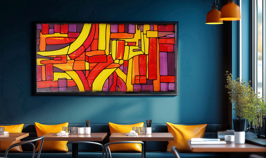 Peinture géométrique abstraite A1369 - Rouge et jaune - Toile originale - Ksavera