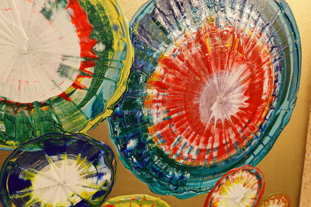 Peintures abstraites A1280 de l'artiste Ksavera - triptyque doré, peintures acryliques originales, empâtement