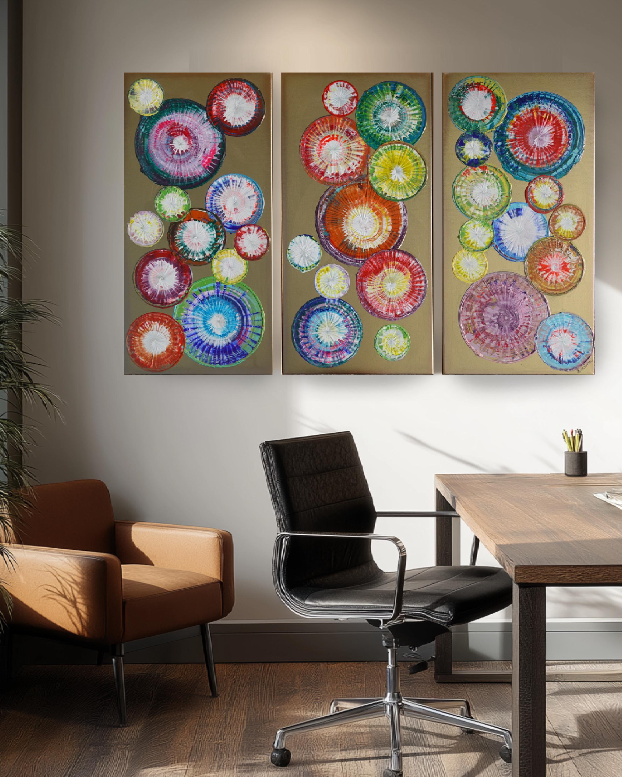 Peintures abstraites A1280 de l'artiste Ksavera - triptyque doré, peintures acryliques originales, empâtement