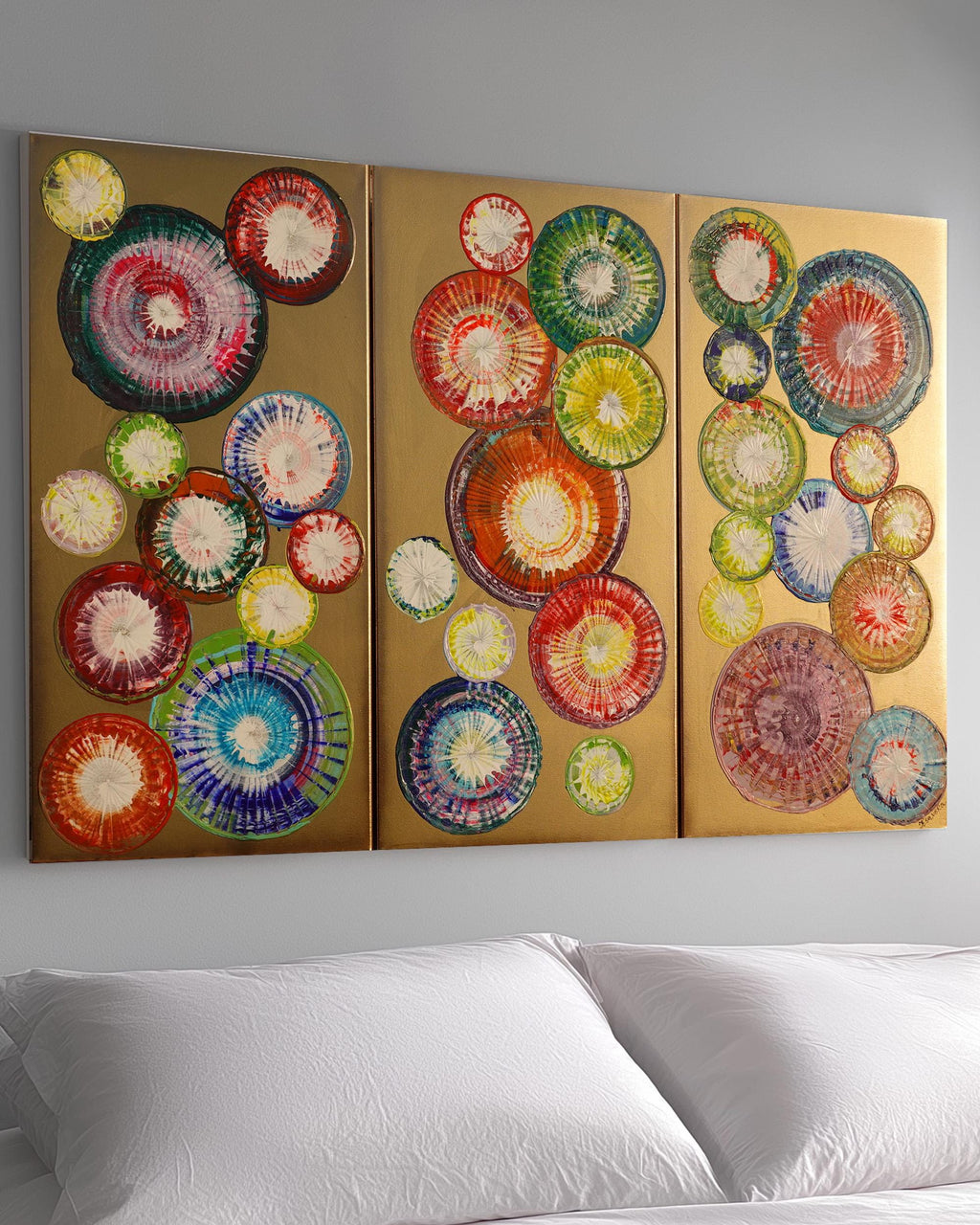 Peintures abstraites A1280 de l'artiste Ksavera - triptyque doré, peintures acryliques originales, empâtement