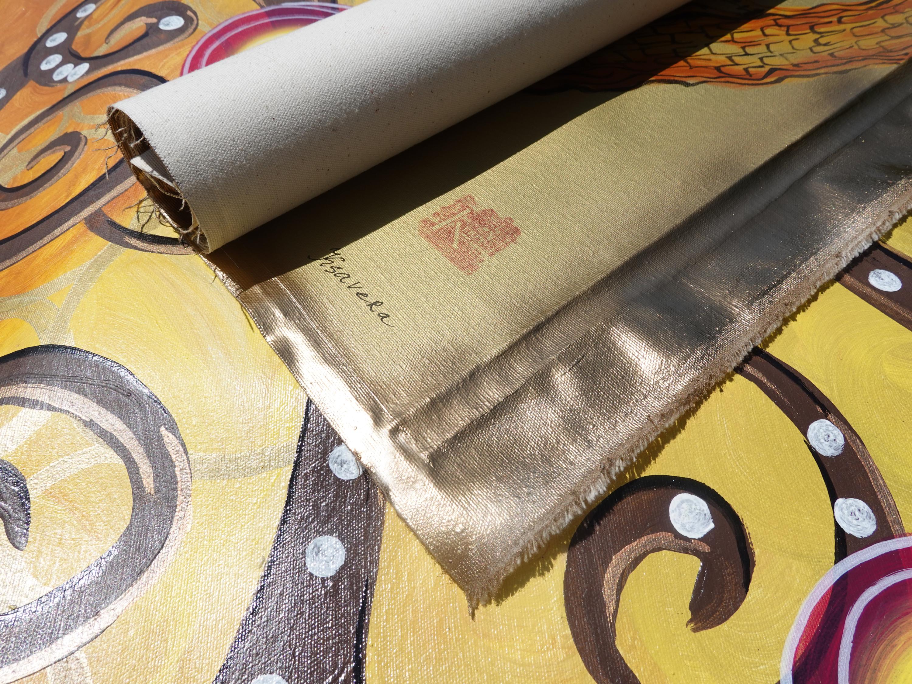 Grue japonaise J376 par l'artiste Ksavera - peinture acrylique originale extra large couleur or