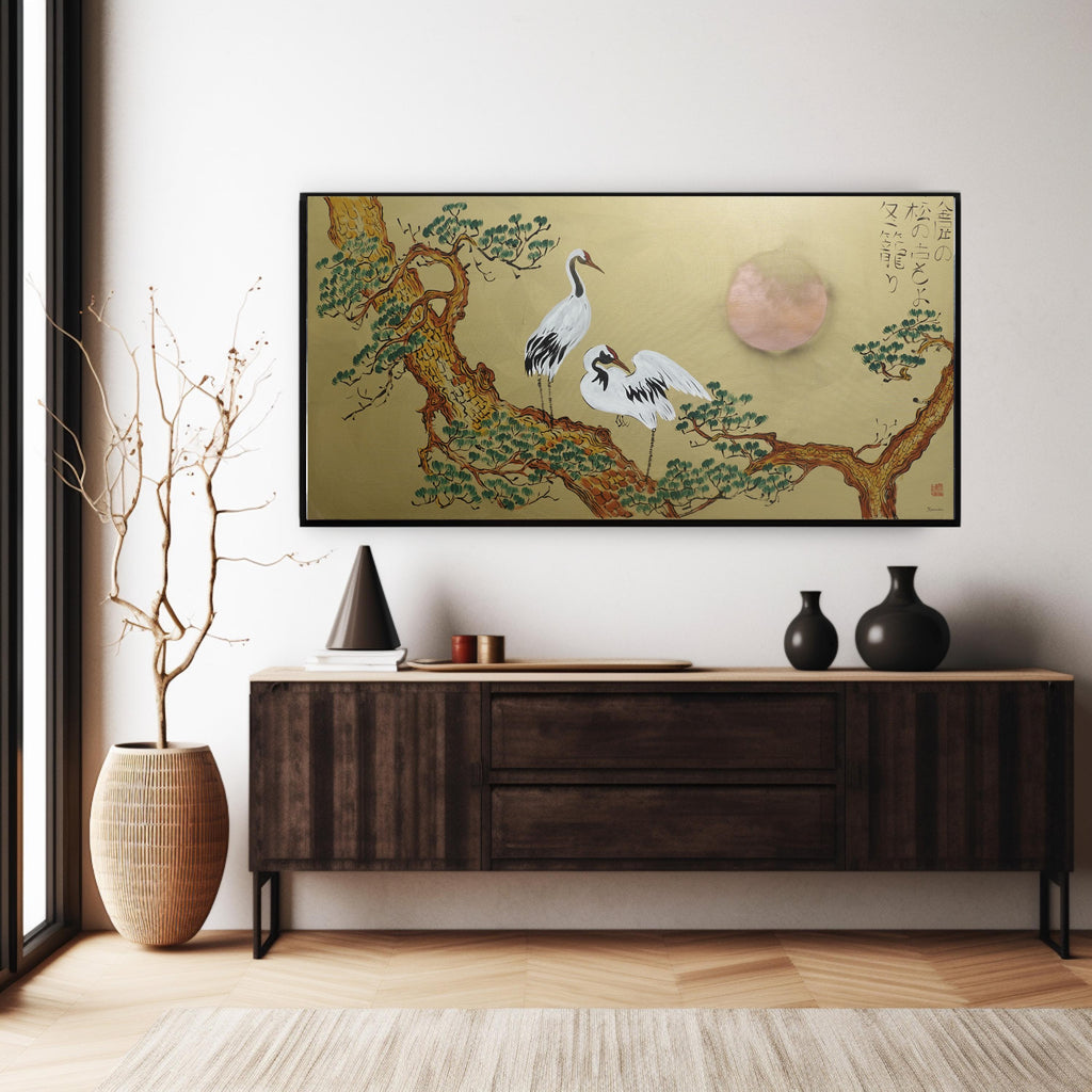 Japanischer Kranich J376 von Künstler Ksavera - extra großes Original-Acrylgemälde in Gold
