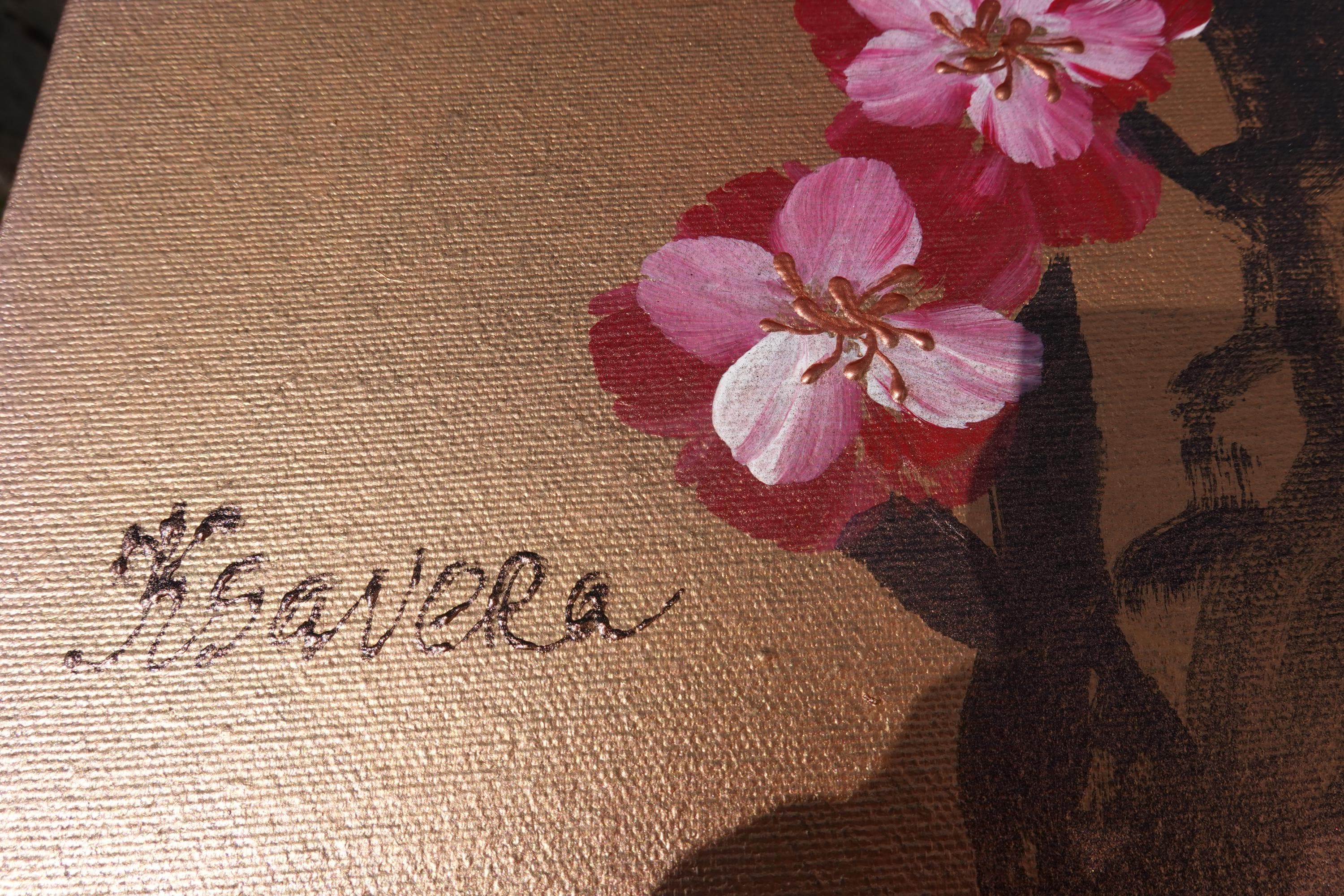 Japanese birds and sakura J419 - Modern original Wall Art - bronze Original Canvas - Contemporary Home Decor by Ksavera