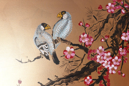 Japanese birds and sakura J419 - Modern original Wall Art - bronze Original Canvas - Contemporary Home Decor by Ksavera