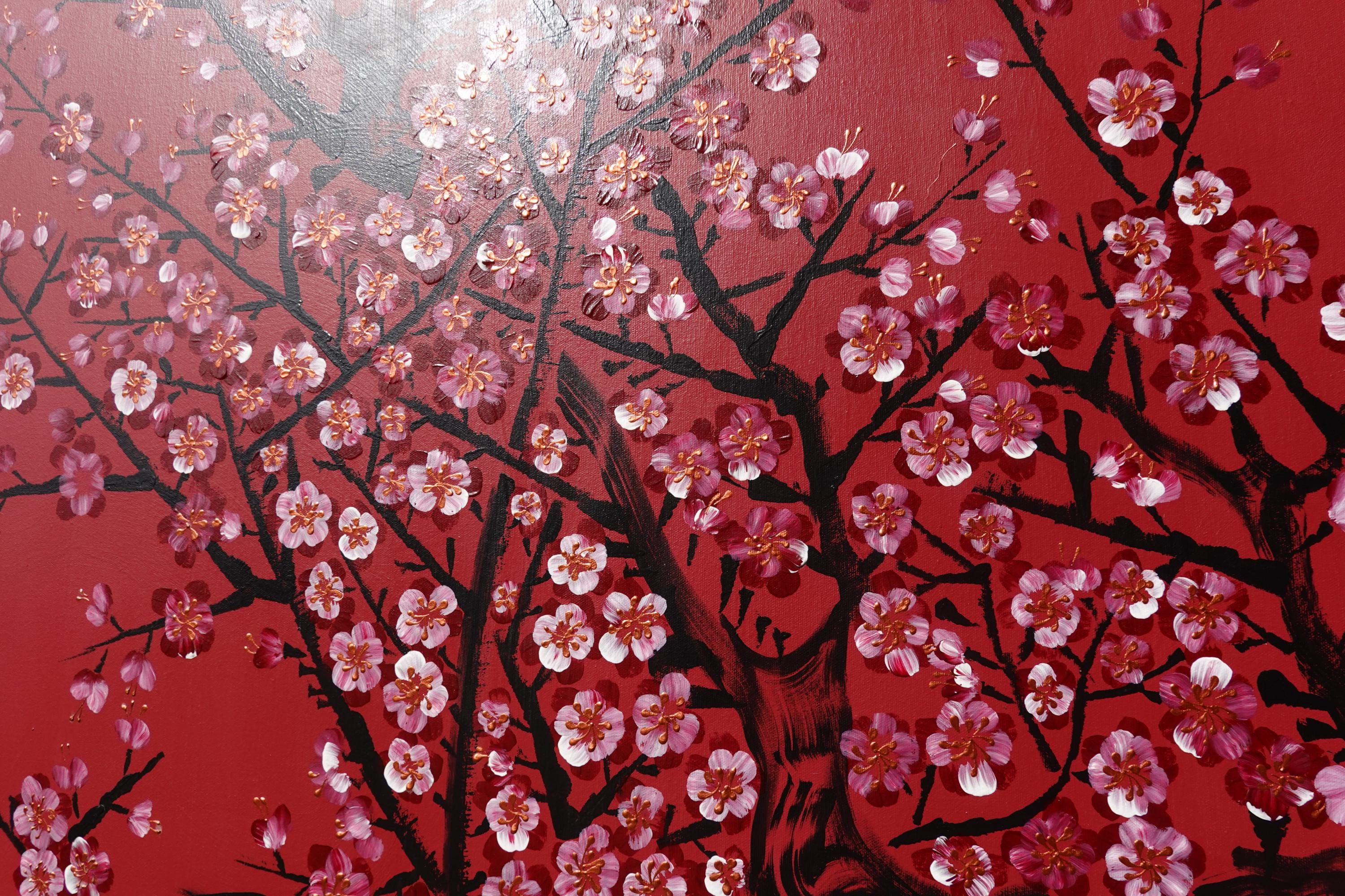 Japanese red sakura J422 is a large Japanese painting - Original Acrylic Painting on unstretched canvas by artist Ksavera.