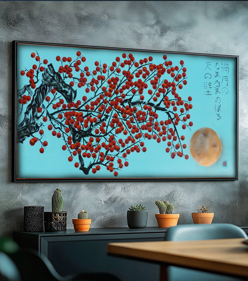 Le pommier rouge japonais J424 est une grande peinture acrylique originale turquoise de l'artiste Ksavera.