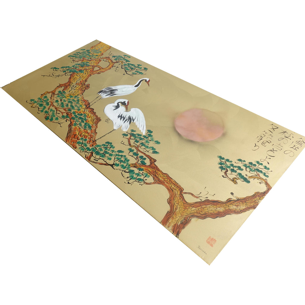 Japanischer Kranich J376 von Künstler Ksavera - extra großes Original-Acrylgemälde in Gold