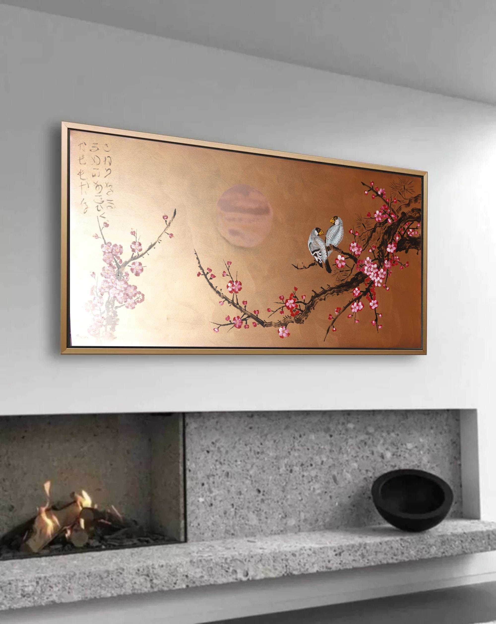 Japanese birds and sakura J419 - Modern original Wall Art - bronze Original Canvas - Contemporary Home Decor by Ksavera