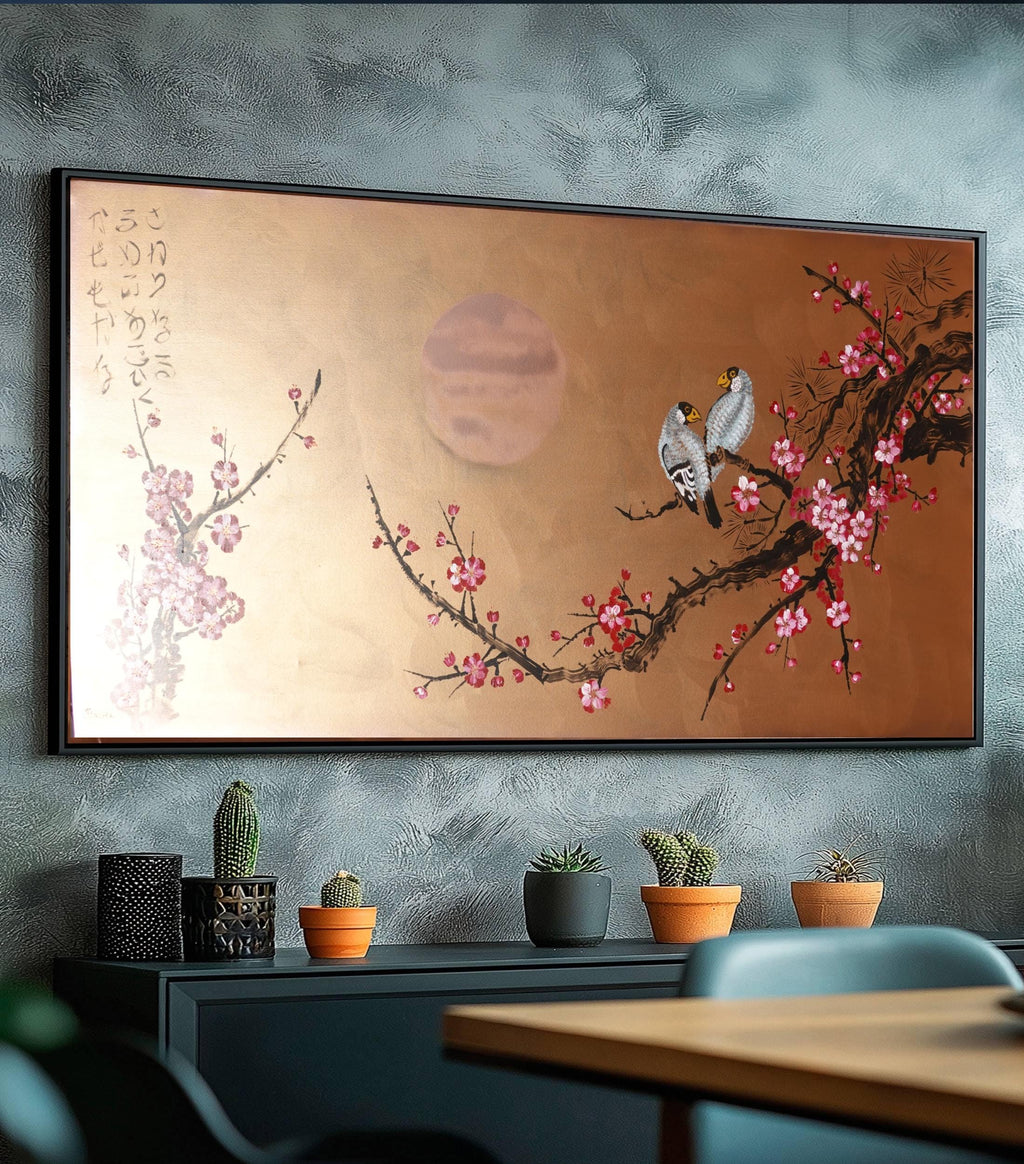 Oiseaux japonais et cerisiers en fleurs J419 - Œuvre murale originale moderne - Toile originale en bronze - Décoration intérieure contemporaine par Ksavera