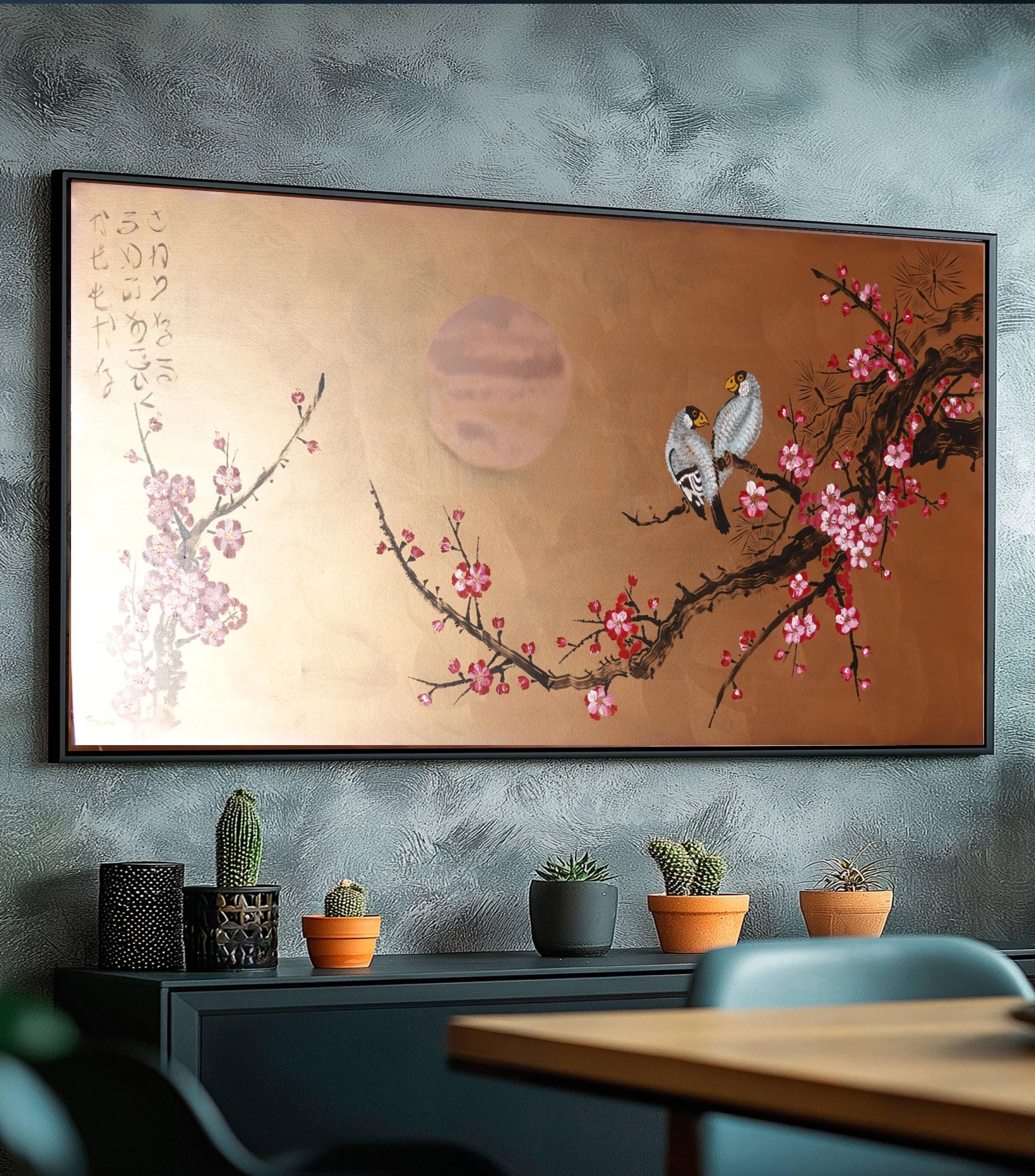 Japanese birds and sakura J419 - Modern original Wall Art - bronze Original Canvas - Contemporary Home Decor by Ksavera