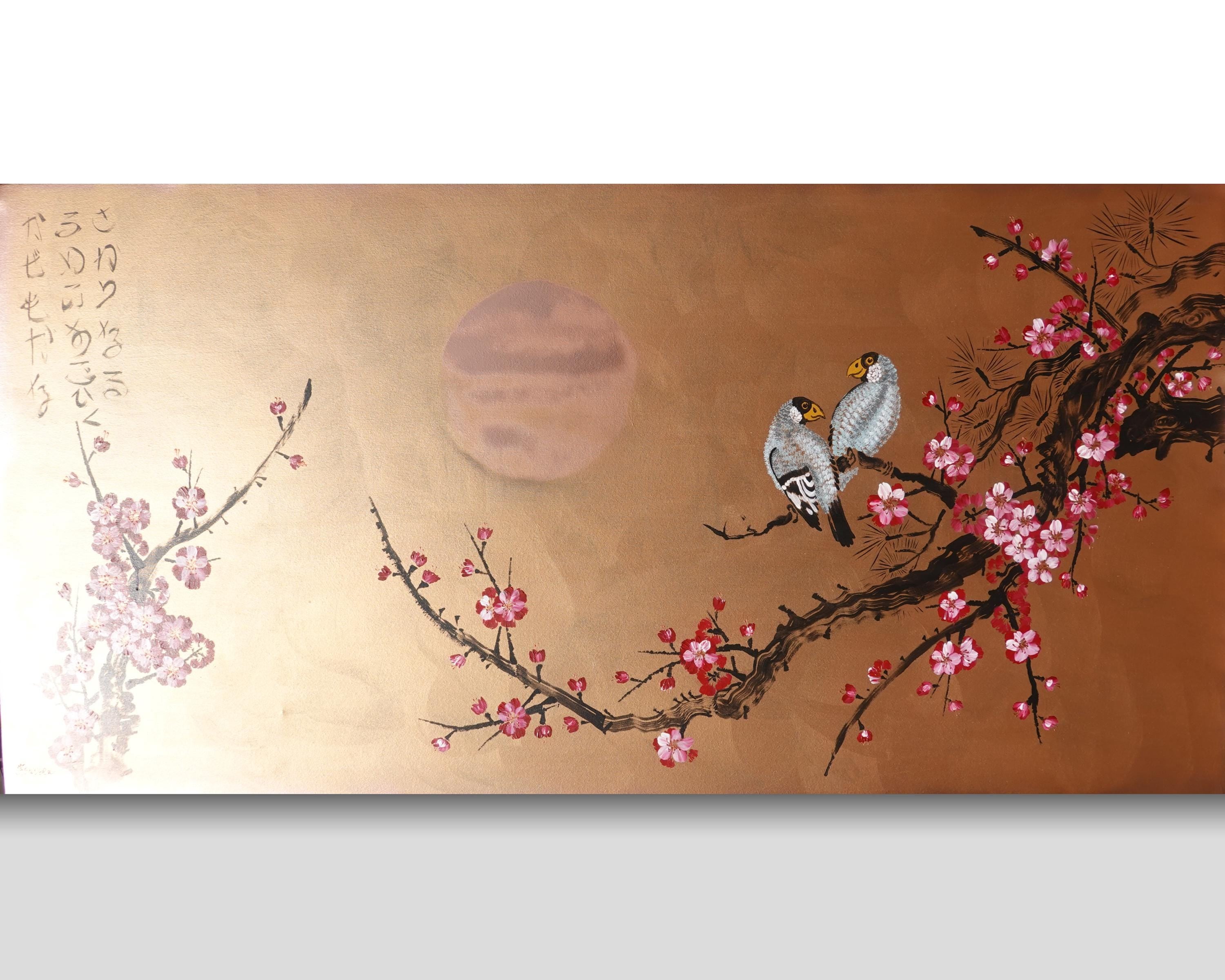 Japanese birds and sakura J419 - Modern original Wall Art - bronze Original Canvas - Contemporary Home Decor by Ksavera