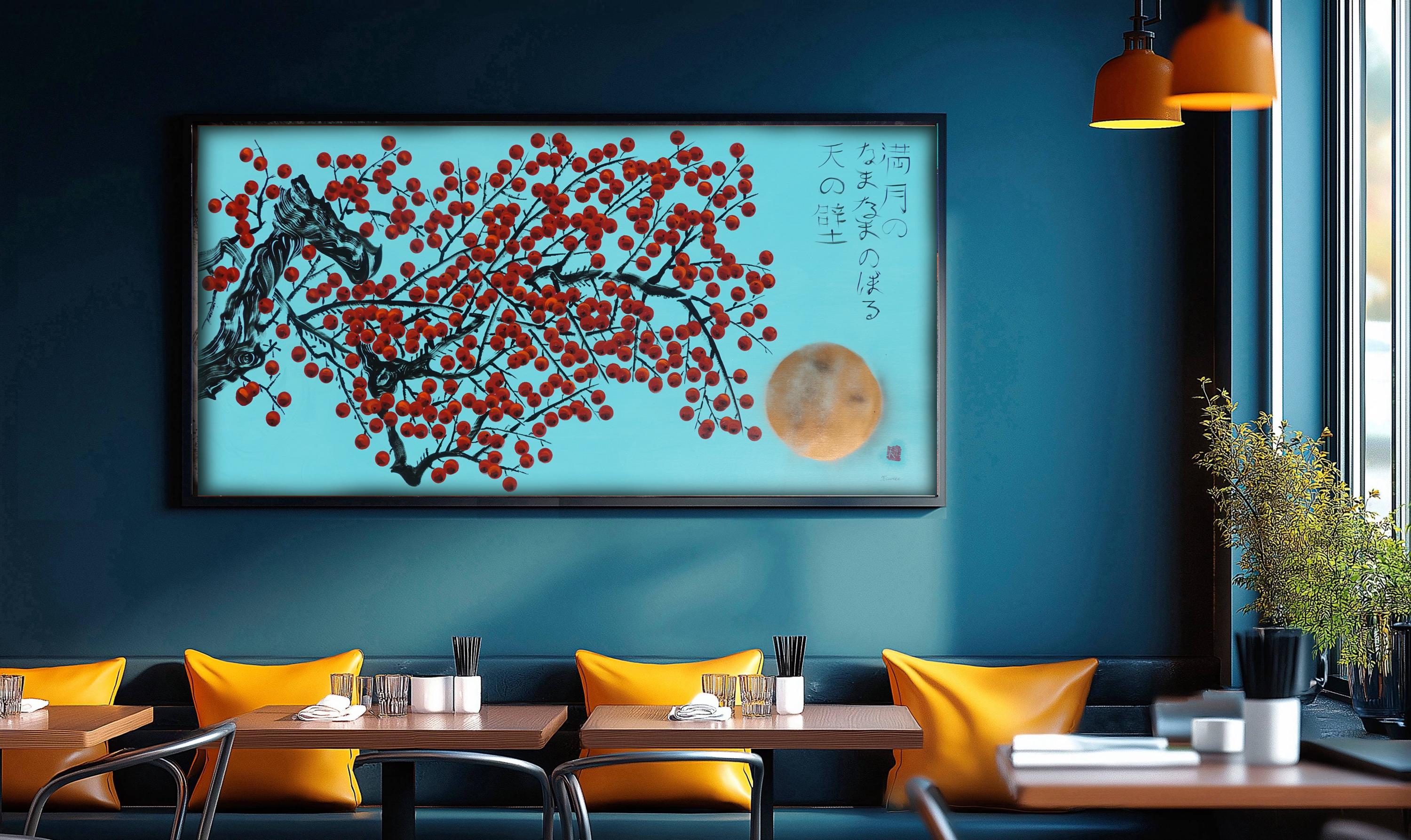 Peinture japonaise en bronze « Pommier » J424 | Art mural moderne | Toile originale turquoise | Décoration intérieure contemporaine | Ksavera
