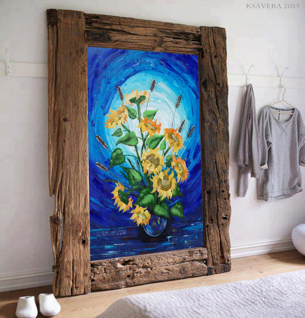 Sunflowers B047 is a large-scale still life blue impasto palette knife Original Acrylic Painting on unstretched canvas by artist Ksavera.